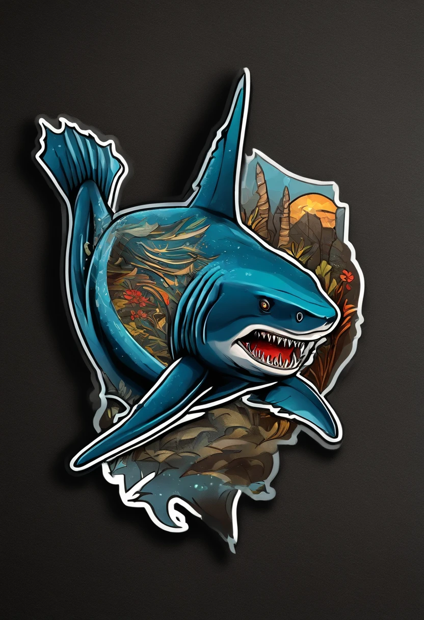 shark illustration for a sticker with a black background, in bold outline style, jagged edges, trashcore, light shading --v 5.2