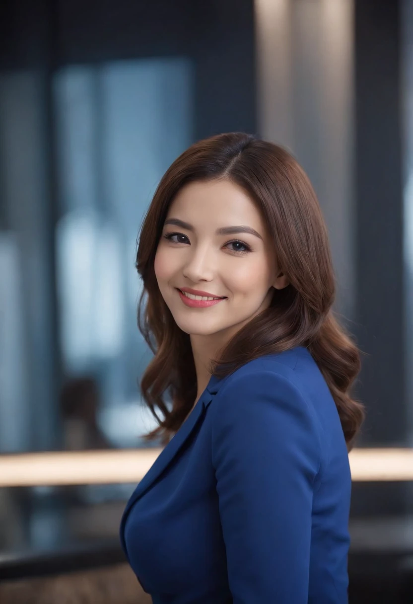 beautiful, 1female, female announcer, blue suit. tight skirt, black pantyhose,tv show background, smile