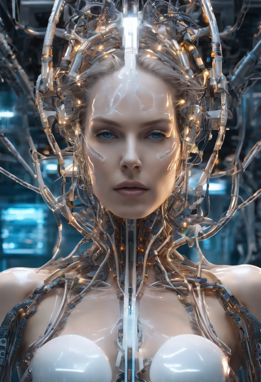 Young Charlize Theron as a A Female Android being birthed from a milky Red liquid, top half of her body is visible, (((She is coming out of the liquid towards the camera))), (((See Through Body, Clear Glass body))), (((Electronic Systems inside body clear to see))), Detailed Brain in Sight, Detailed connection wire, mechanical limbs, tubes connected to the mechanical parts, mechanical vertebrae attached to the spine, mechanical cervical attachment to the neck, wires and cables connecting to the head, (((In a Pool of White Liquid)), Cybernetics, Cyberpunk, Canon M50, 100mm, Sharp Focus, Hyperrealism, Very detailed, Intricate Details, Full Body View, small glowing LED lamps, global lighting, deep shadows, Octane Rendering, 8K, Ultra Sharp, Metal, Intricate Ornament Details, baroque details, Very intricate details, realistic light, facing the camera, neon details, Complex Body Poses, (android manufactory in background)