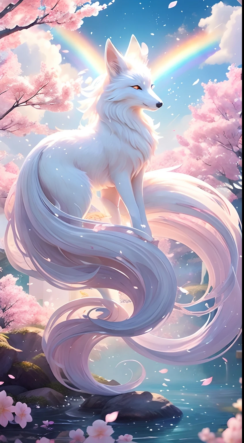 White fox、Pink cherry blossom tree、flower petals、the wind、Deities、long wavy body、Fantasia、myth、hightquality、ighly detailed、masterpiece、epic poem、Particle effect、Dynamic effects、Sun in the background、There is a rainbow、White fox with tail