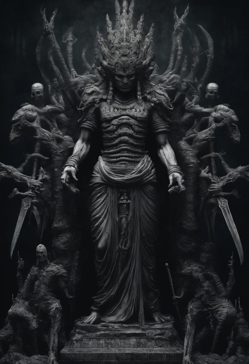 High quality, 4k, masterpiece, Senju Kannon statue with many arms holding weapons, arms holding swords and spears, evil looking, Buddha pose, in the style of HR Giger, creepy looking, HR Giger style, plain background, decayed skulls