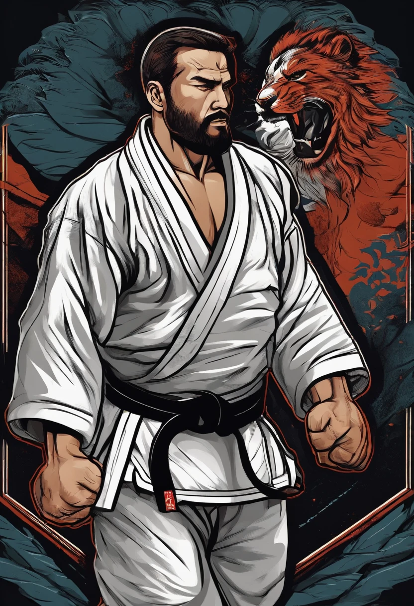 judo fighter illustration for a sticker with a black background, in bold outline style, jagged edges, trashcore, light shading