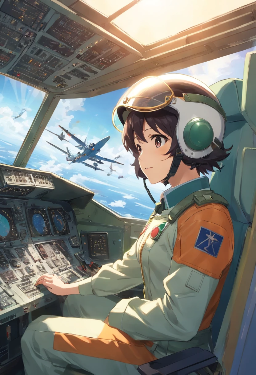 Alafed pilot in the cockpit of an airplane wearing a helmet and goggles, Fighter pilot in the cockpit, In the cockpit of a fighter, Helmet View, Visor wearer's Perspective, Nose under visor, Jet fighter pilots of the 70s, in cockpit, Military Pilot Uniform, Advanced Technology Flight Suit、Angel approaching from behind right、Angel outside the window