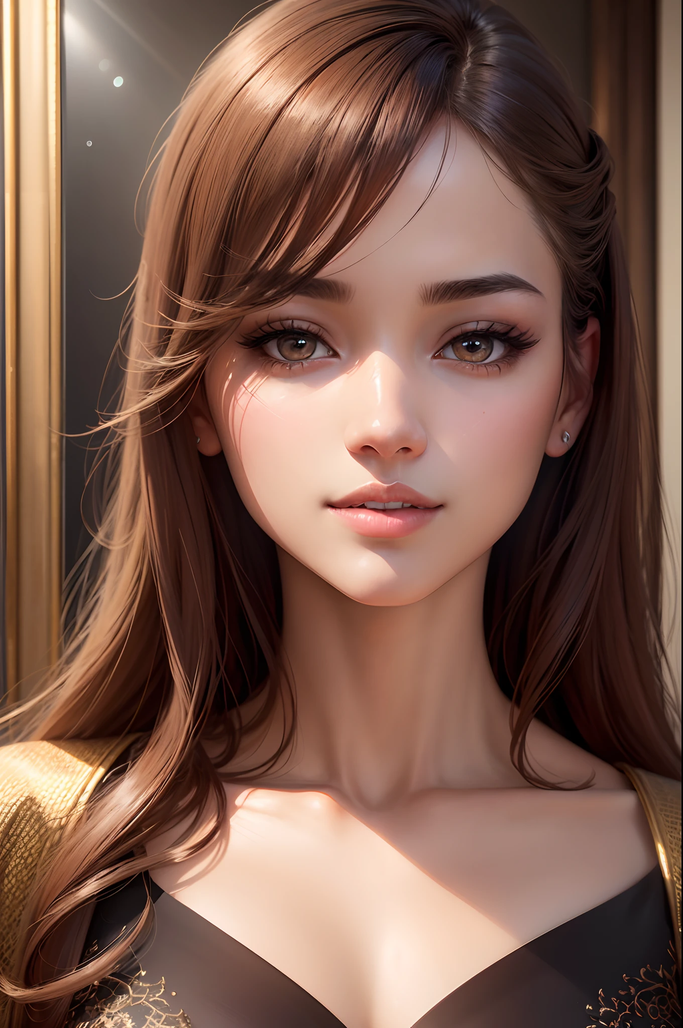 (best quality,4k,8k,highres,masterpiece:1.2),ultra-detailed,(realistic,photorealistic,photo-realistic:1.37),1girl,beautiful detailed eyes,beautiful detailed lips,extremely detailed eyes and face,longeyelashes,brown aesthetic outfit,mirror selfie,Asian girl,soft natural lighting,studio setting,perfectly styled hair,smiling confidently,stylish accessories,flawless complexion,aesthetic background,high-fashion pose,colored filters,subtle warm tones,vibrant colors,dramatic shadows,reflective surface,gentle reflections,crisp focus,digital illustration,stunning composition. --auto