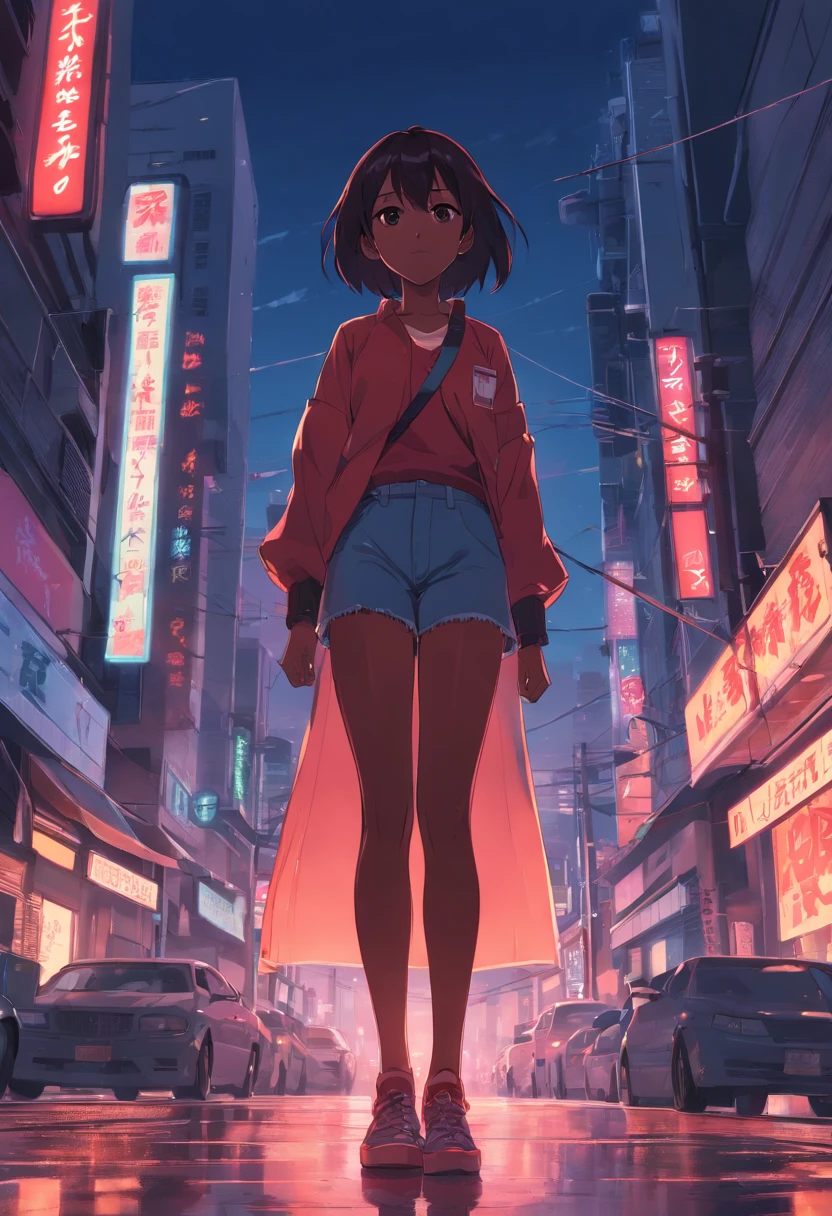 raw, wide angle, A female based on the theme of death., Reddish and black skin, dark environment, Neon,