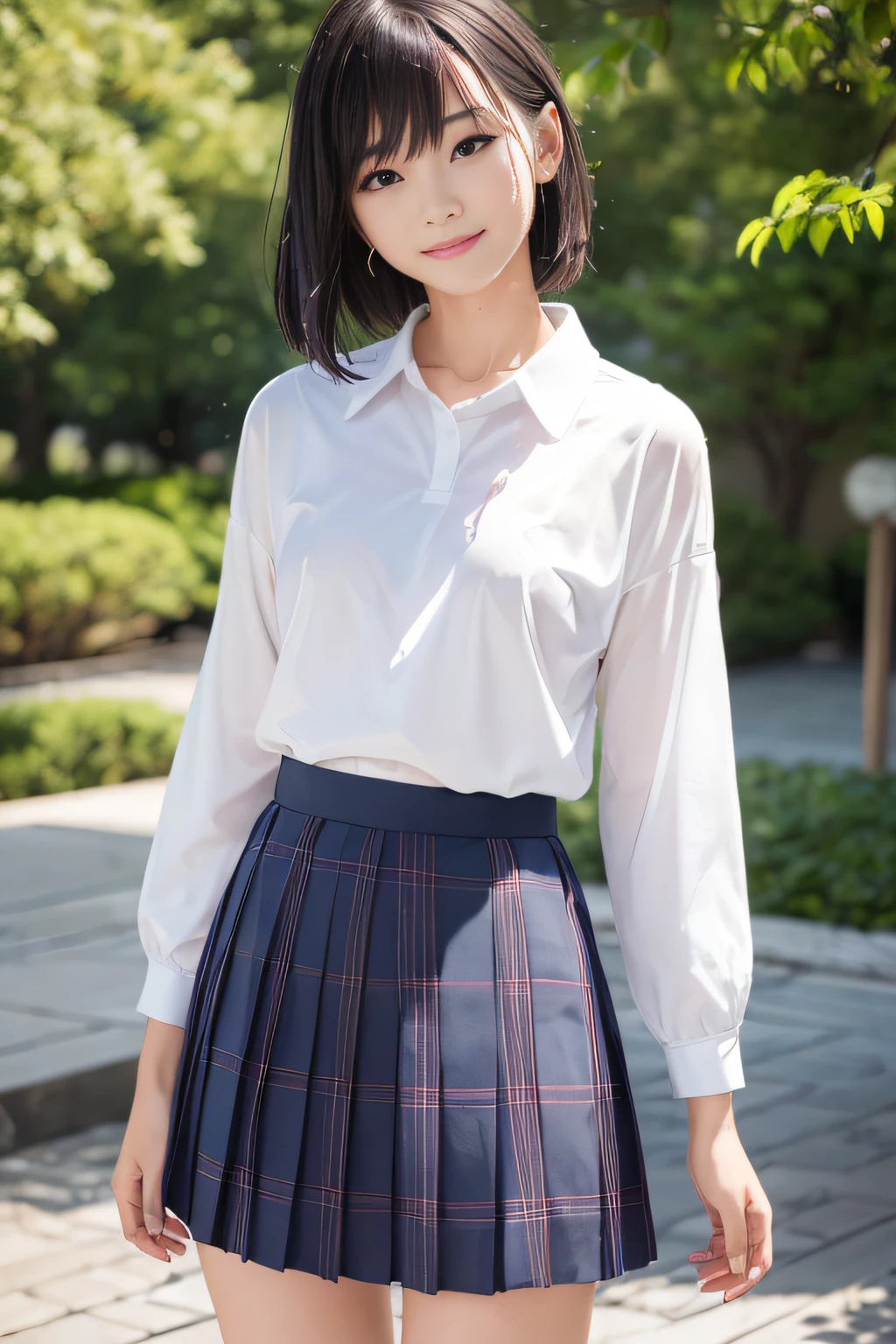 Best Quality、masutepiece、超A high resolution、(Photorealistic:1.4)、adult lady、modeled、long legged、(Thin eyebrows:0.2)、(thin lipss:0.8)、(small nose:0.8)、Appearance without makeup、short-hair、(japanese hight school uniform:1.2)、short sleeves school uniform、Plaid Middle Length Pleated Skirt、hide the chest with your hands、Big laugh、(the perfect body:1.2)、(wetting hair:1.4)、(Wet clothes:1.25 )、(Clothes with showing through:1.2)、Underwear is worn under the shirt、a park、View after rain、By Michelangelo、ulzzang -6500-v1.1