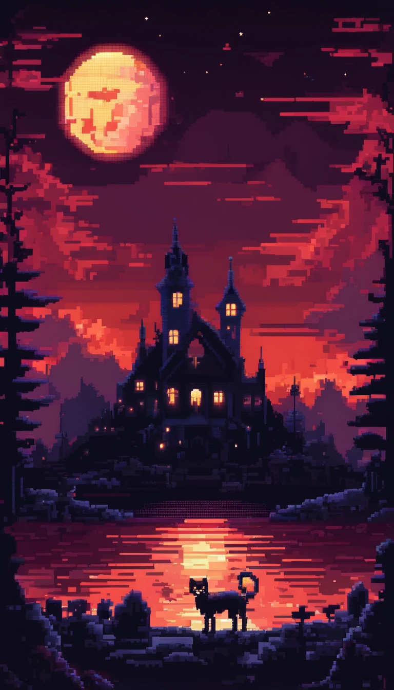 Pixel art spooky night landscape, 3d pixel art 4k wallpaper, incredible pixel art details, pixel art, detailed unreal engine pixel art, half red moon sky, spooky night.