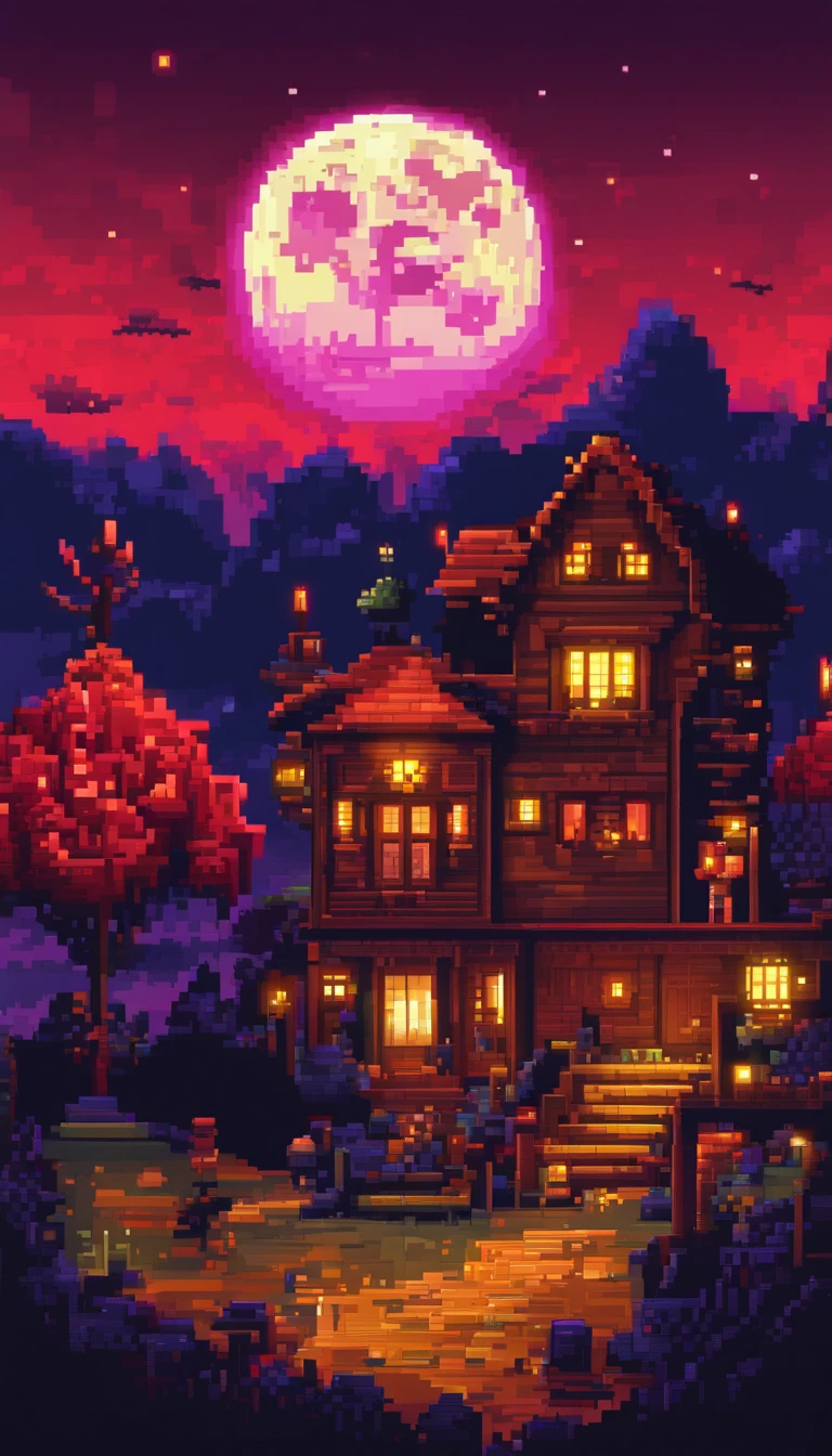 Pixel art spooky night landscape, 3d pixel art 4k wallpaper, incredible pixel art details, pixel art, detailed unreal engine pixel art, half red moon sky, spooky night.