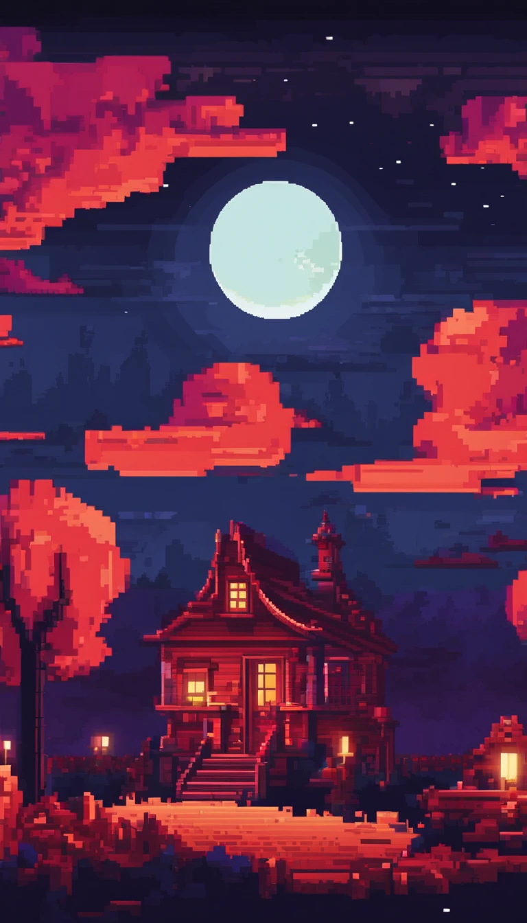 Pixel art spooky night landscape, 3d pixel art 4k wallpaper, incredible pixel art details, pixel art, detailed unreal engine pixel art, half red moon sky, spooky night.