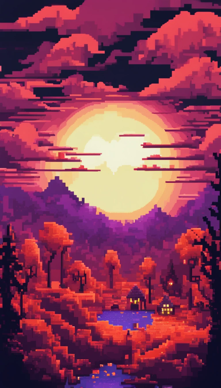 Pixel art spooky night landscape, 3d pixel art 4k wallpaper, incredible pixel art details, pixel art, detailed unreal engine pixel art, half red moon sky, spooky night.