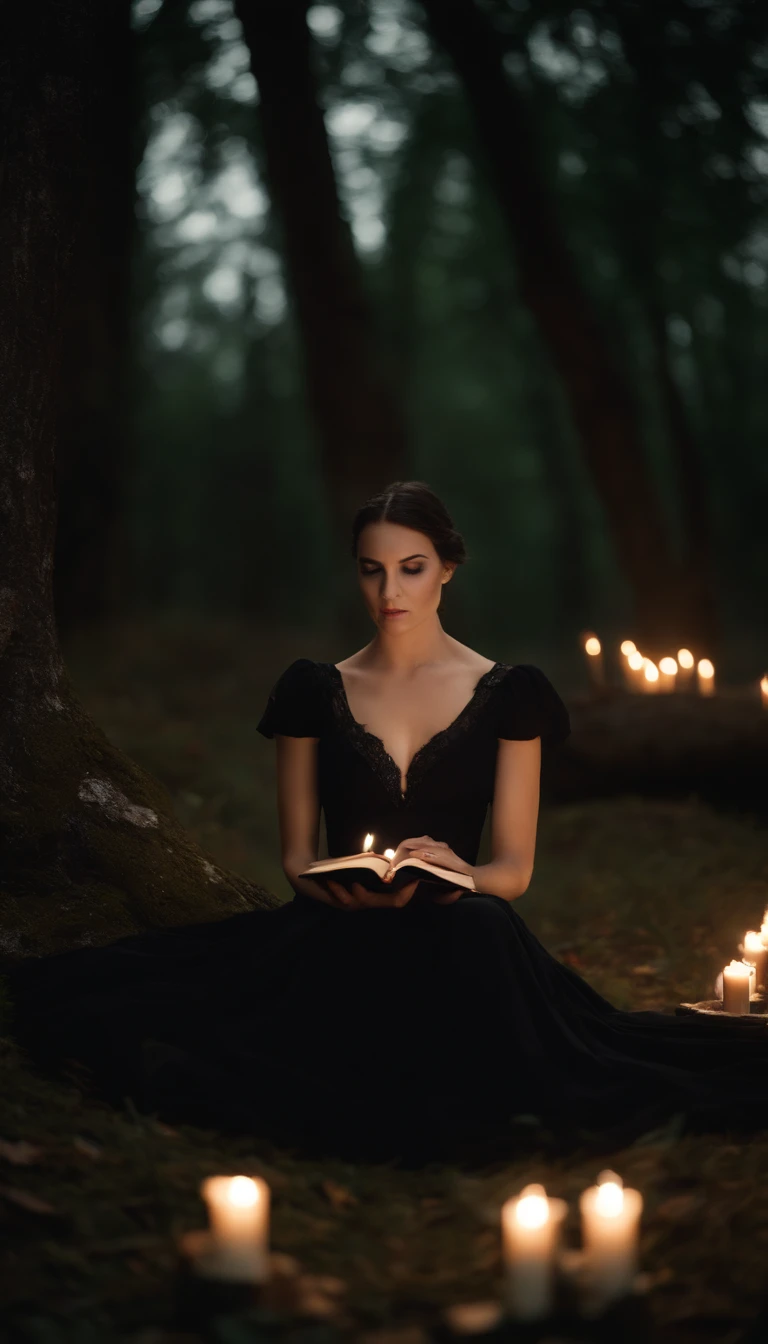 a womone)), sitting on the ground surrounded by books, flying books, books flying around, candles in a circle around her, spell casting, spell book pose, black gothic dress. Angry face, high quality fantasy, flying magic books, book portrait, dramatic reading book pose, reading, sitting in the forrest, night time, moonlight