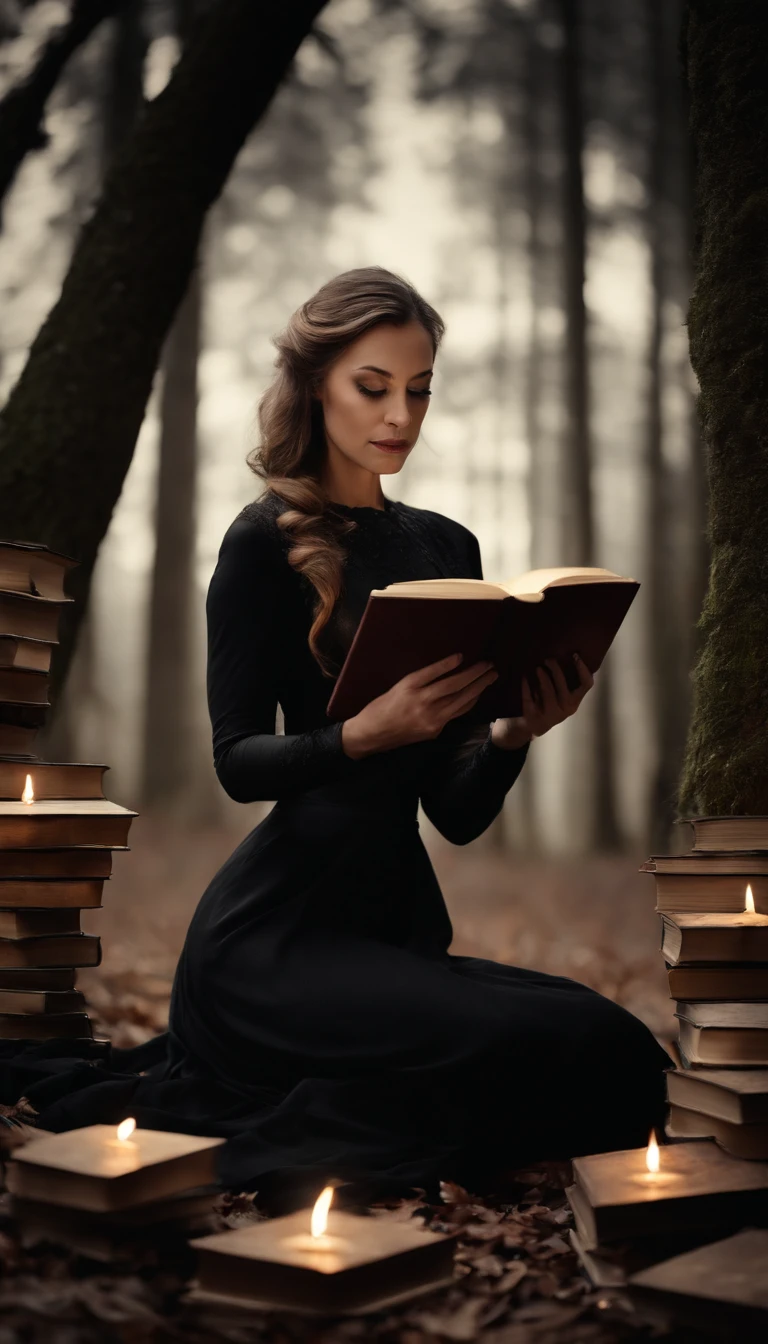 a womone)), sitting on the ground surrounded by books, flying books, books flying around, candles in a circle around her, spell casting, spell book pose, black gothic dress. Angry face, high quality fantasy, flying magic books, book portrait, dramatic reading book pose, reading, sitting in the forrest, night time, moonlight
