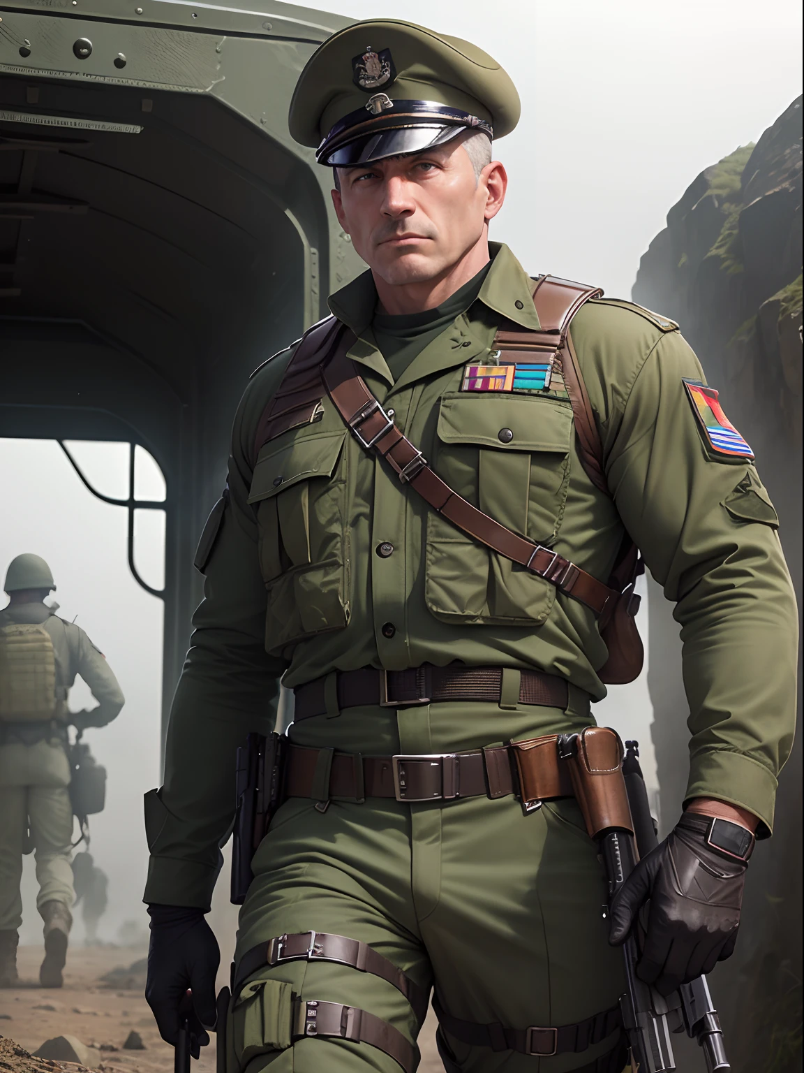 50 year old man, arrogant, unsmiling, soldier, realistic military uniform, chest protection, holster for handgun, leather gloves. neat, tidy, climbing into khaki armoured personnel carrier, other soldiers, early morning, foggy, stone cottage, windswept,