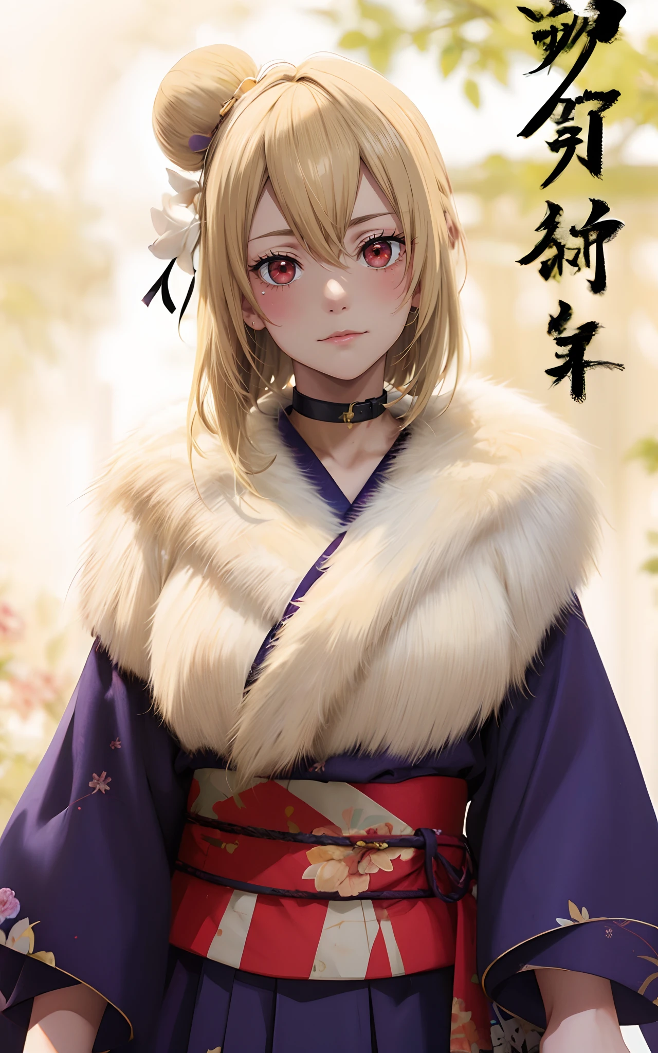 (blonde hair:1.7), red eyes, 1girl, japanese_clothes, kimono, hair_ornament, flower, solo, sash, hair_flower, obi, choker, looking_at_viewer, new_year, floral_print, fur_collar, lipstick, fur, makeup, fur_trim, glow effects, godrays, Hand drawn, render, 8k, octane render, cinema 4d, blender, dark, atmospheric 4k ultra detailed, cinematic, Sharp focus, big depth of field, Masterpiece, colors, 3d octane render, 4k, concept art, trending on artstation, hyperrealistic, Vivid colors, extremely detailed CG unity 8k wallpaper, trending on CGSociety, Intricate, High Detail, dramatic