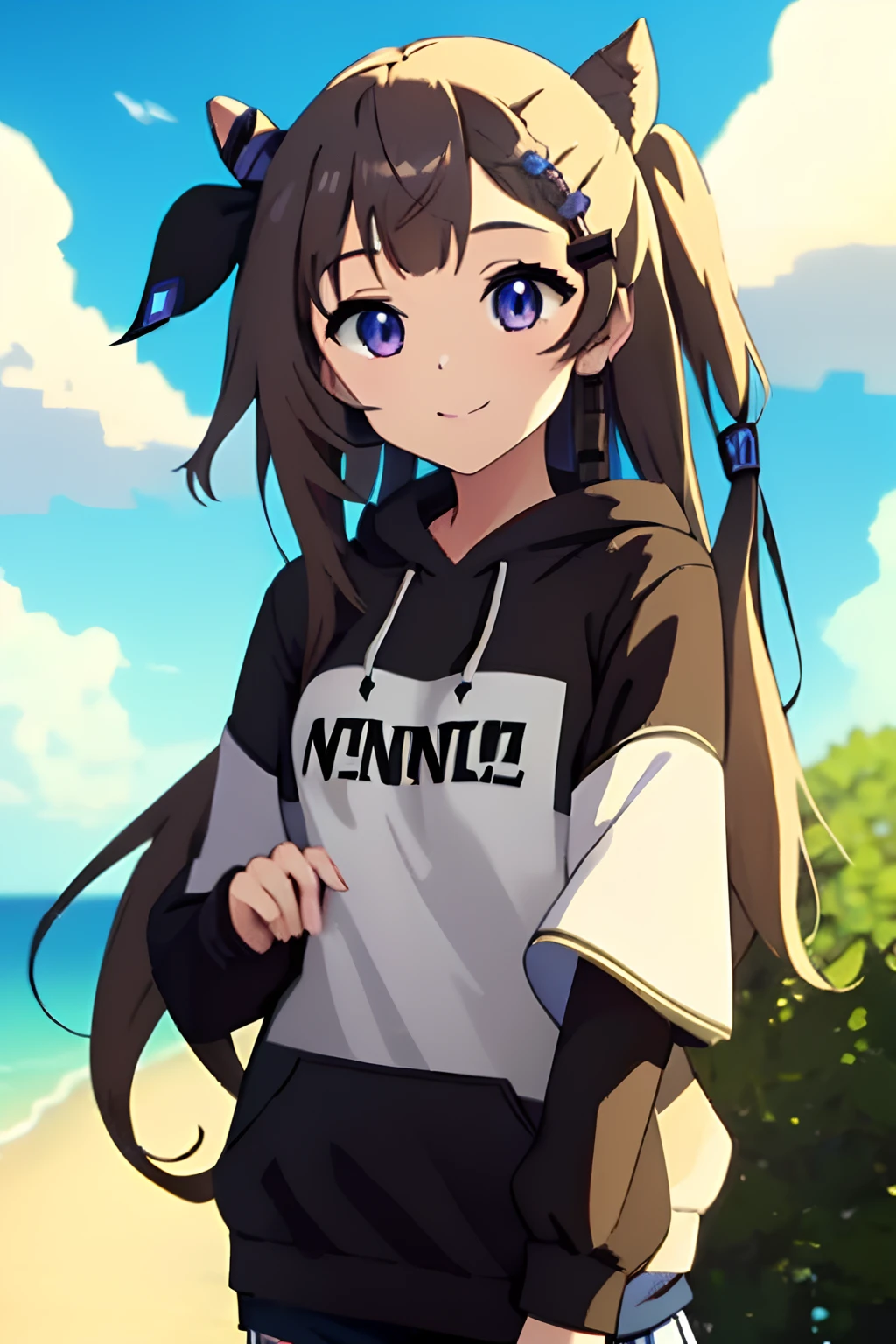 (masterpiece, best quality:1.2),2d, cowboy shot, solo, 1girl, vestia zeta, virtual youtuber, smile, looking at viewer, hair ribbon, hair ornament, Black hoodie,