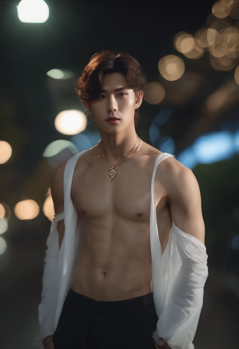 8K, masutepiece, Raw photography, Best Quality, Photorealistic, Highly detailed CG Unity 8k wallpaper, depth of fields, Cinematic Light, Lens Flare, Ray tracing, (Very beautiful and attractive face, Beautiful lips, Beautiful eyes), intricate detailed face, (Ultra detailed skin), 1 man, In nature, In the deep shadows, Beautiful Japan Man, Kpop Idol, 1 male, (slender muscular body:1.3), (looking at viewert), (Great solid appearance) :1.3), (Sleeveless), (Fashion Night, a dark night, neon signs, Blurred background), Fashion Street Night, (The person behind:1.3), Beautiful earrings, bangle, Necklace, pantyhose, Clear eyes, wears a suit, (Big eyes), Face forward, (upperbody shot), (baggy clothes:1.3), (Brown hair), (Bosch Costume, (Transparent), (looking at viewert:1.3) Very strong ,,