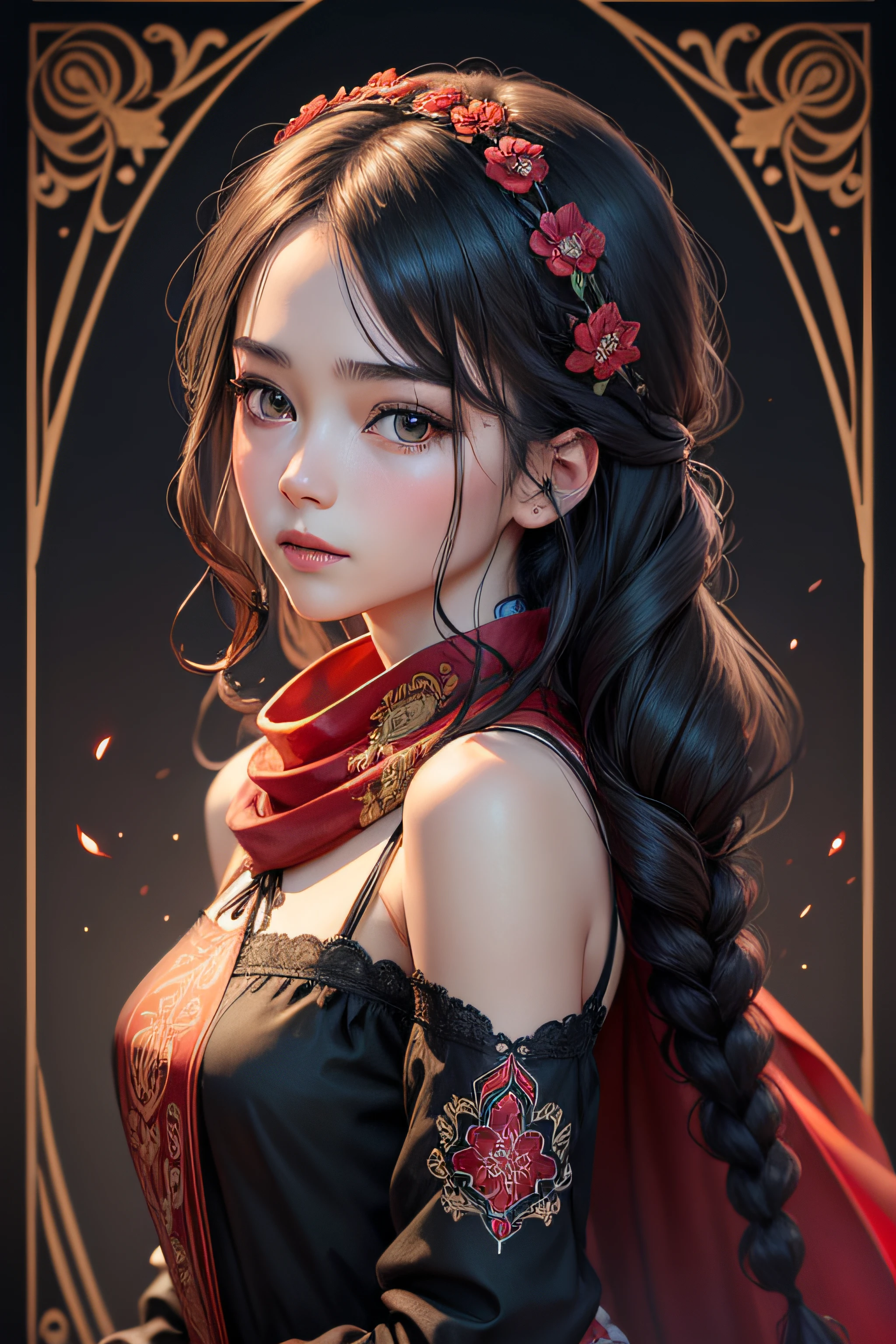 girl02, photographed on a Nikon Z7 II Mirrorless Camera,120mm F/4 wide-angle girl02, 1girl, solo, long hair, looking at viewer, black hair, long sleeves, braid a woman wearing a white dress and a black braid with a blue and red pattern on it's neck, Chen Lu, art nouveau fashion embroidered, a character portrait, aestheticism a woman wearing a black top and red scarf with a red and white design on it's neck, Chen Jiru, art nouveau fashion embroidered, a silk screen, cloisonnism best quality, masterpiece, ultra detailed, cowboy shot, flowing, 3dmm, ink sketch, color ink, ink rendering, octane render, pastels, rice paper, 1girl, beautiful detailed eyes, (alternate hairstyle), ultra detailed hair, graceful, (charming), (delicate), pretty, cute, lace dress, character in the center of the frame, rhythm, fantasy, looking at viewer,