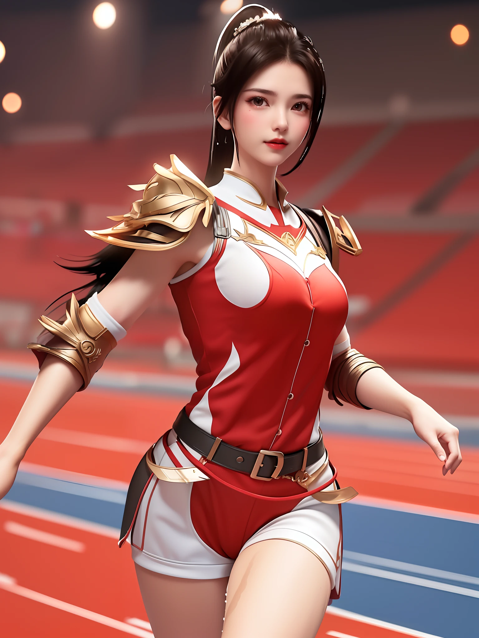 SYWZwangyuanyuan,1girl, armor,cityscape, morning, looking at viewer, mature female, red eyes,high ponytail, hair ornament, red shirt,cowboy shot, pauldrons,((masterpiece, Top image quality, hight resolution、独奏、small tits、Sleeveless uniforms on land、track and field athlete、high-ponytail Hairstyle、Tecateca skin、glowy skin))、Sweaty face、Latina, puberty, full of sweat、red lipsticks、Walk along the tracks of the athletics stadium、独奏、On both hands and hips、Navel is visible、((Thigh Raising Training))、((Running on the track))、(((Macho Body)))、((Uniform wet with sweat))、(((see the whole body)))