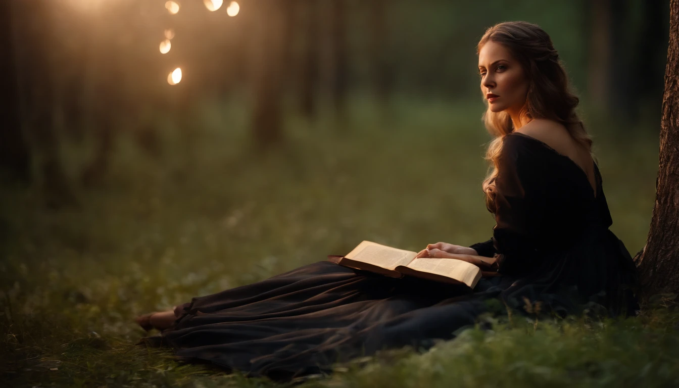 a womone)), sitting on the ground surrounded by books, flying books, books flying around, candles in a circle around her, spell casting, spell book pose, black gothic dress. Angry face, high quality fantasy, flying magic books, book portrait, dramatic reading book pose, reading, sitting in the forrest, night time, moonlight