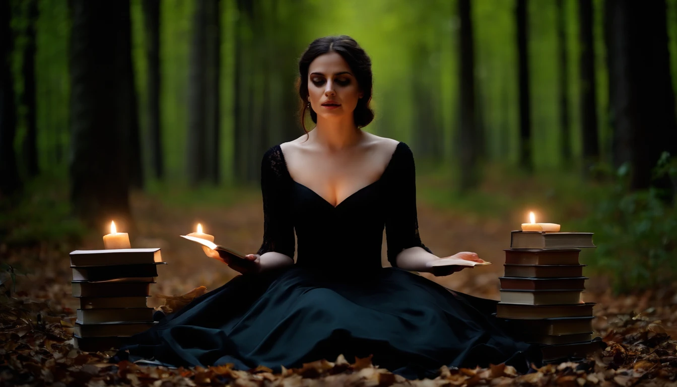 a womone)), sitting on the ground surrounded by books, flying books, books flying around, candles in a circle around her, spell casting, spell book pose, black gothic dress. Angry face, high quality fantasy, flying magic books, book portrait, dramatic reading book pose, reading, sitting in the forrest, night time, moonlight
