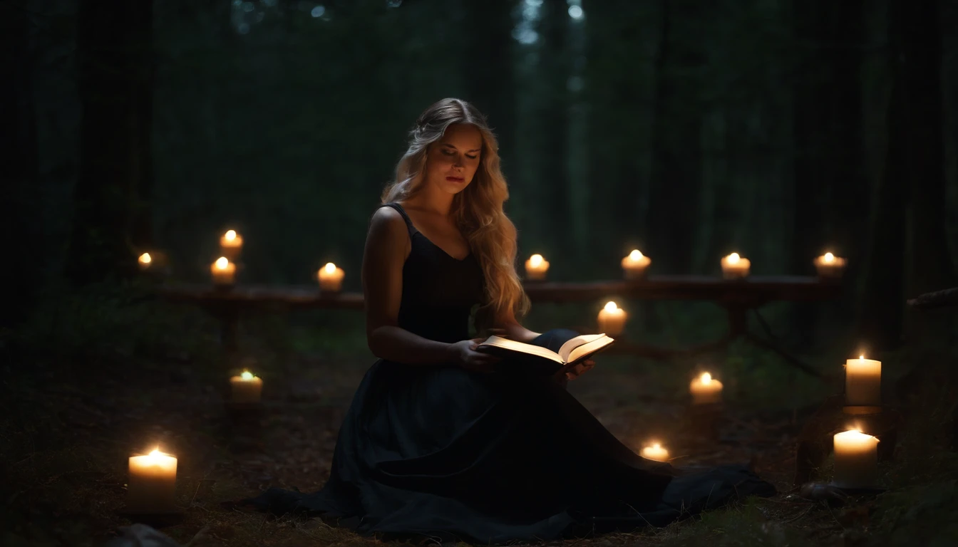 a womone)), sitting on the ground surrounded by books, flying books, books flying around, candles in a circle around her, spell casting, spell book pose, black gothic dress. Angry face, high quality fantasy, flying magic books, book portrait, dramatic reading book pose, reading, sitting in the forrest, night time, moonlight