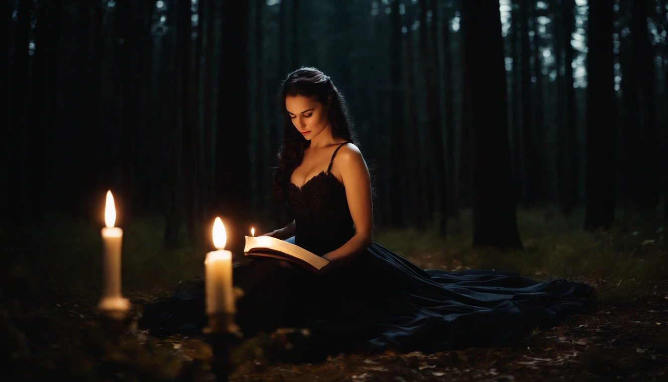a womone)), sitting on the ground surrounded by books, flying books, books flying around, candles in a circle around her, spell casting, spell book pose, black gothic dress. Angry face, high quality fantasy, flying magic books, book portrait, dramatic reading book pose, reading, sitting in the forrest, night time, moonlight