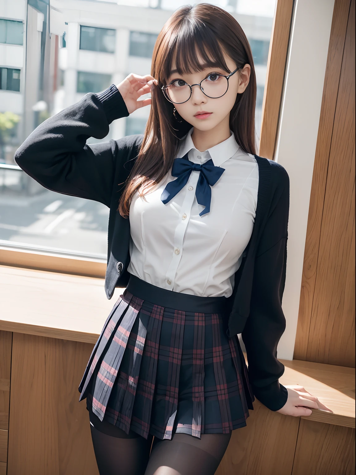 (poneyTail)、(Underwear is visible)、((Narrow-eyed))、((Narrow-eyed))、((Narrow-eyed))、(8K、Raw photography、top-quality、​masterpiece：1.2),((small tits))、((small tits))、((small tits))、((small tits))、((small tits))、((A-cup))、((A-cup))、((A-cup))、((A-cup))、((A-cup))、Has a small、(flat breast)、(flat breast)、(flat breast)、(flat breast)、(flat breast)、(being thin)、Dark look、Rasping,glamor,Chromo-white skin,cocky,School,watching at viewers,Looking at the front,Muchimuchi,High-pitched clothing,Erotic,Pupils,de pele branca,kne,((Black pantyhose)),absurderes,a small face,Small face,Forehead visible,Bangs hanging from the left and right sides of the forehead,(a cold expression,Tight eyes,glares,Bullish,irate)、​masterpiece,top-quality、超A high resolution,Raw photo,ren,Beautiful fece,One Person, 独奏,eye glass,,Dark look,Small breasts,fullllbody,Round glasses,JK school uniform,hi-school girl,A Japanese Lady,is standing,（Photorealsitic：1.37）、Photon mapping,Realistic、Beautie,Cute little face,Brown-eyed、Black socks、(Red bow tie)、Radio City、Physically Based Rendering、depth of fields、Blurry background、a picture,Body,beauty legs, Long legs, Thin leg,(Bangs are visible), hair, s lips, Blue_The eye, nosesoft,(Light blue shirt), (Navy and blue and white plaid pleated skirt), Knees are visible,Sheer clothing,, Thigh, Black cotton socks,Nogizaka Idol, 女優, Japanese ido