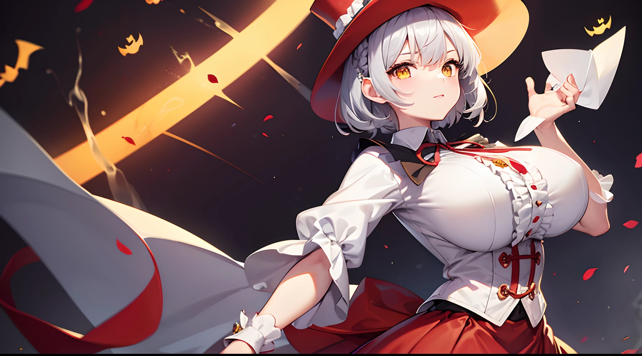 1 girl, game CG, frilled white shirt, short red skirt, cloak, top hat, neck ribbon, bangles, gigantic breasts, silver hair, short hair, french braid, yellow eyes, Halloween background,