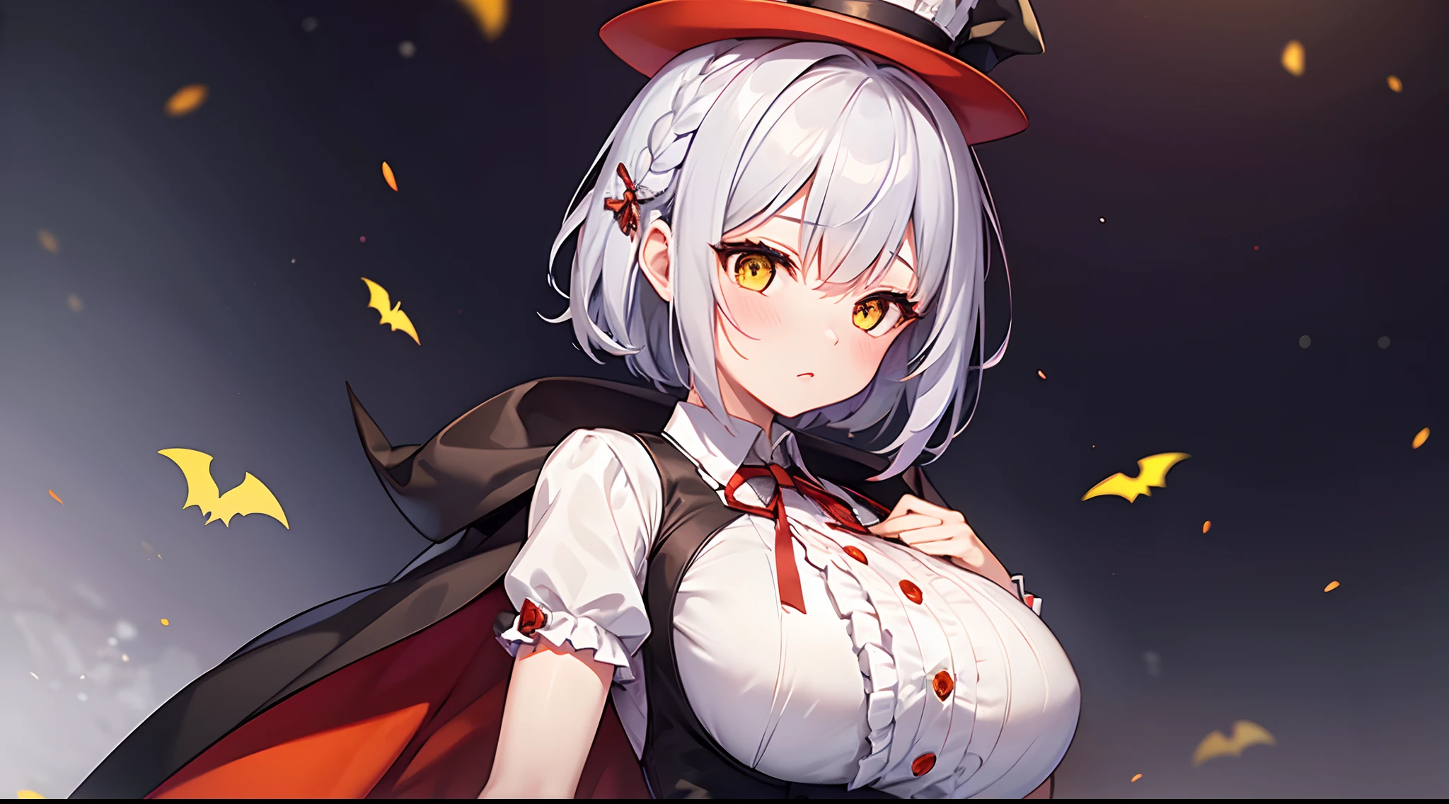 1 girl, game CG, frilled white shirt, short red skirt, cloak, top hat, neck ribbon, bangles, gigantic breasts, silver hair, short hair, french braid, yellow eyes, Halloween background,