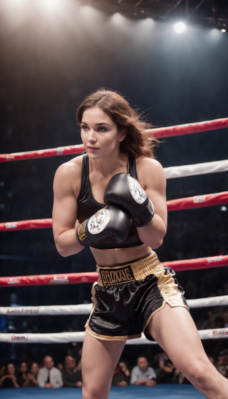 ((best quality)), ((masterpiece)), (detailed), (no deformities), (no merged legs), (no merged limbs), hyperdetailed photorealistic photography, naked 18 year old Emma Watson in a boxing in front of a crowd wearing an extremely skimpy, revealing bathroom with thick, toned thighs, butt, and legs and large breasts
