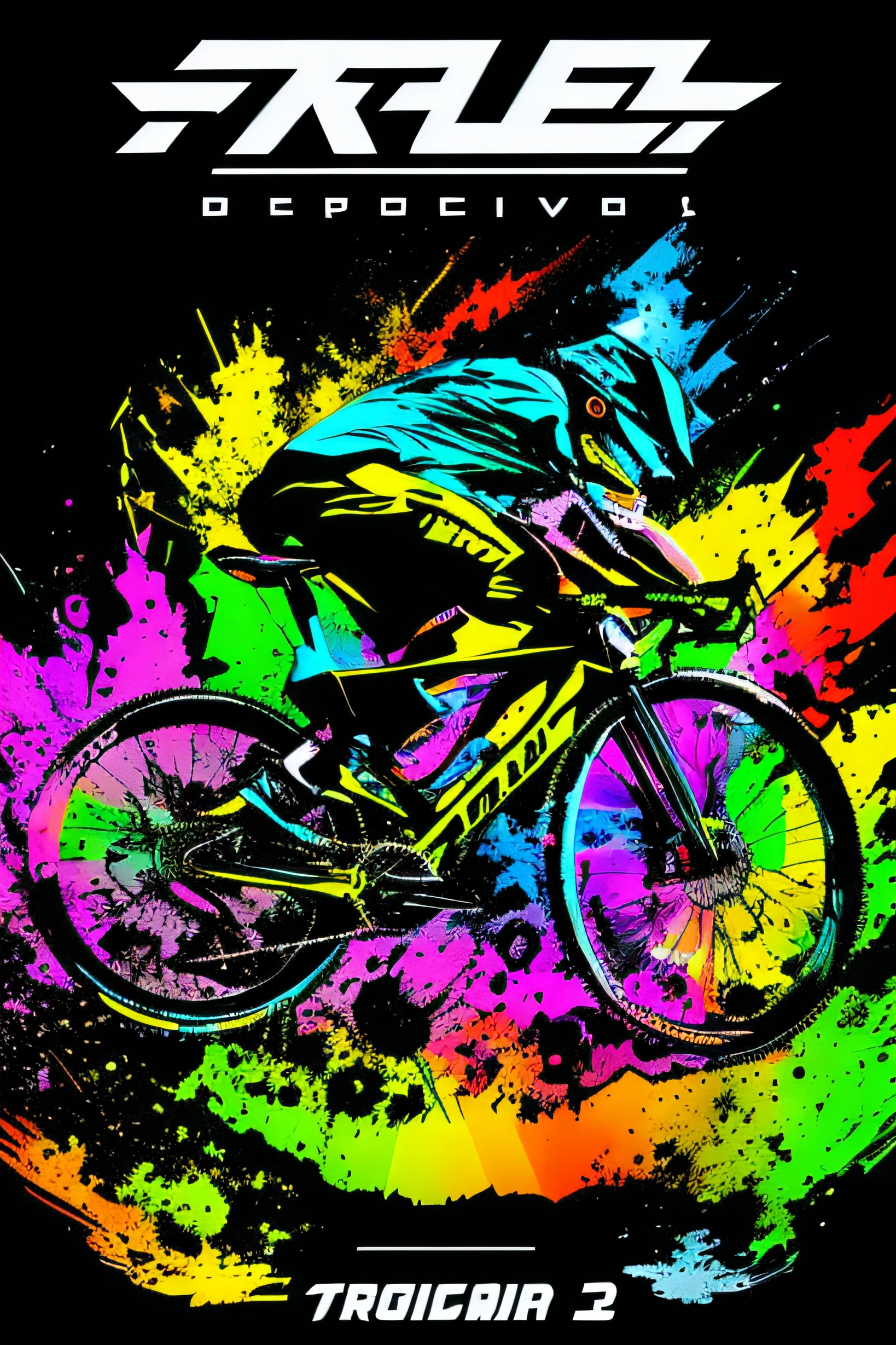 T-shirt design, An intense illustration of extreme mountain bike in panama forrest, tropical style. The Cyclist wears an happy facial expression. This vector sticker art combines elements of Vectorcore and blacklight paint style, resulting in vibrant and eye-catching colors. With its tshirt design format and highquality 8K resolution, the illustration boasts smooth lines and highly intricate details, delivering a captivating and impactful visual experience, black background --ar 3:4 --v 5.2