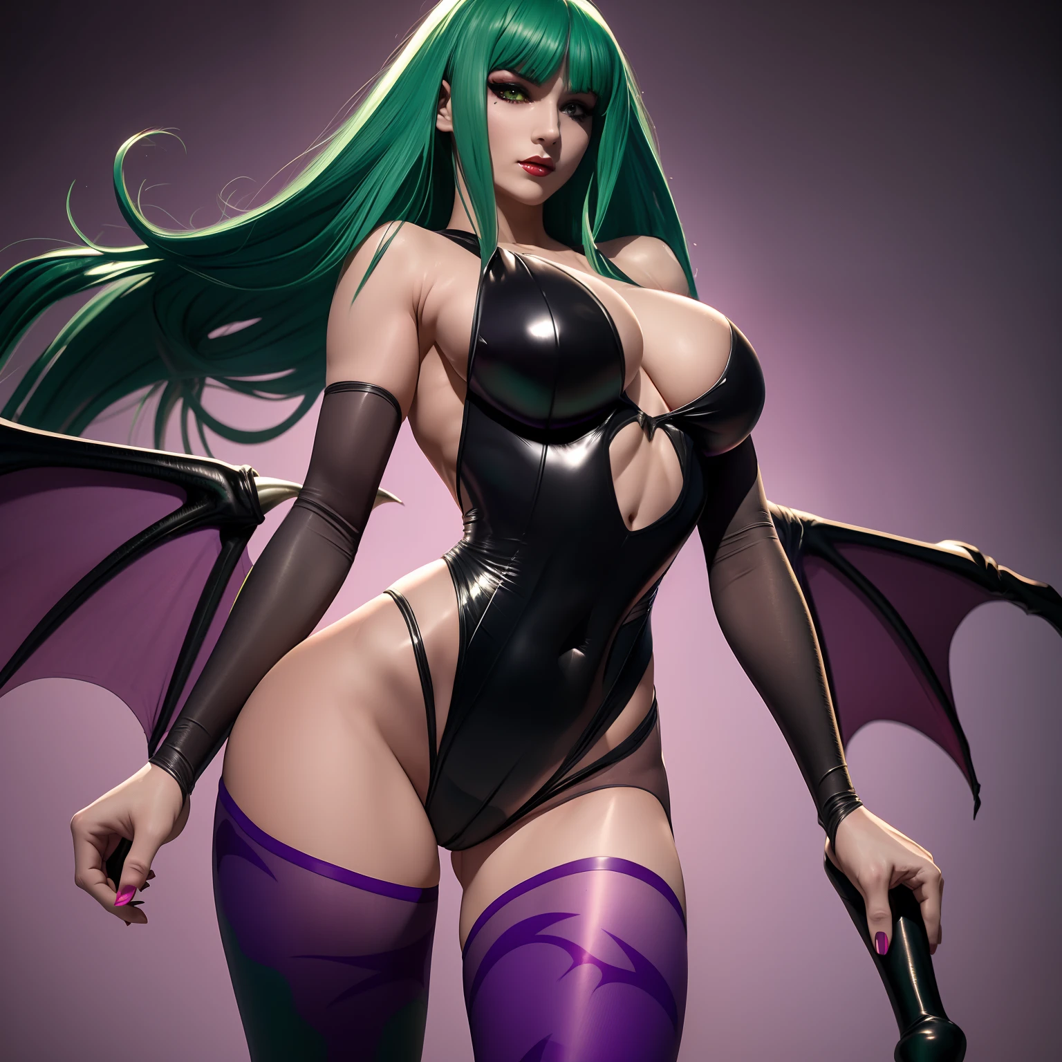 1girl as Morrigan Aensland from Darkstalkers she has ((long green hair with fringe)), has bat wings, ((black short bodysuit)) ((purple tights)), dynamic pose, full body, stunning body, thick thighs, (masterpiece), best quality, expressive eyes, perfect face,  thigh gap, big breasts, hard , perky tits, nip-slip, visible , sexy burrito body