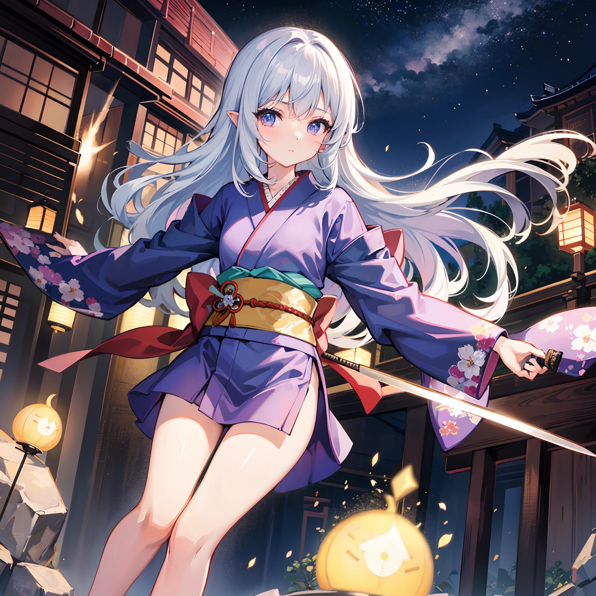 colourfull、Kimono、Fighting Girl Solo、Japanese Sword、cute little、sexypose、masuter piece、A detailed、night mode、Active、presence、dynamic ungle、