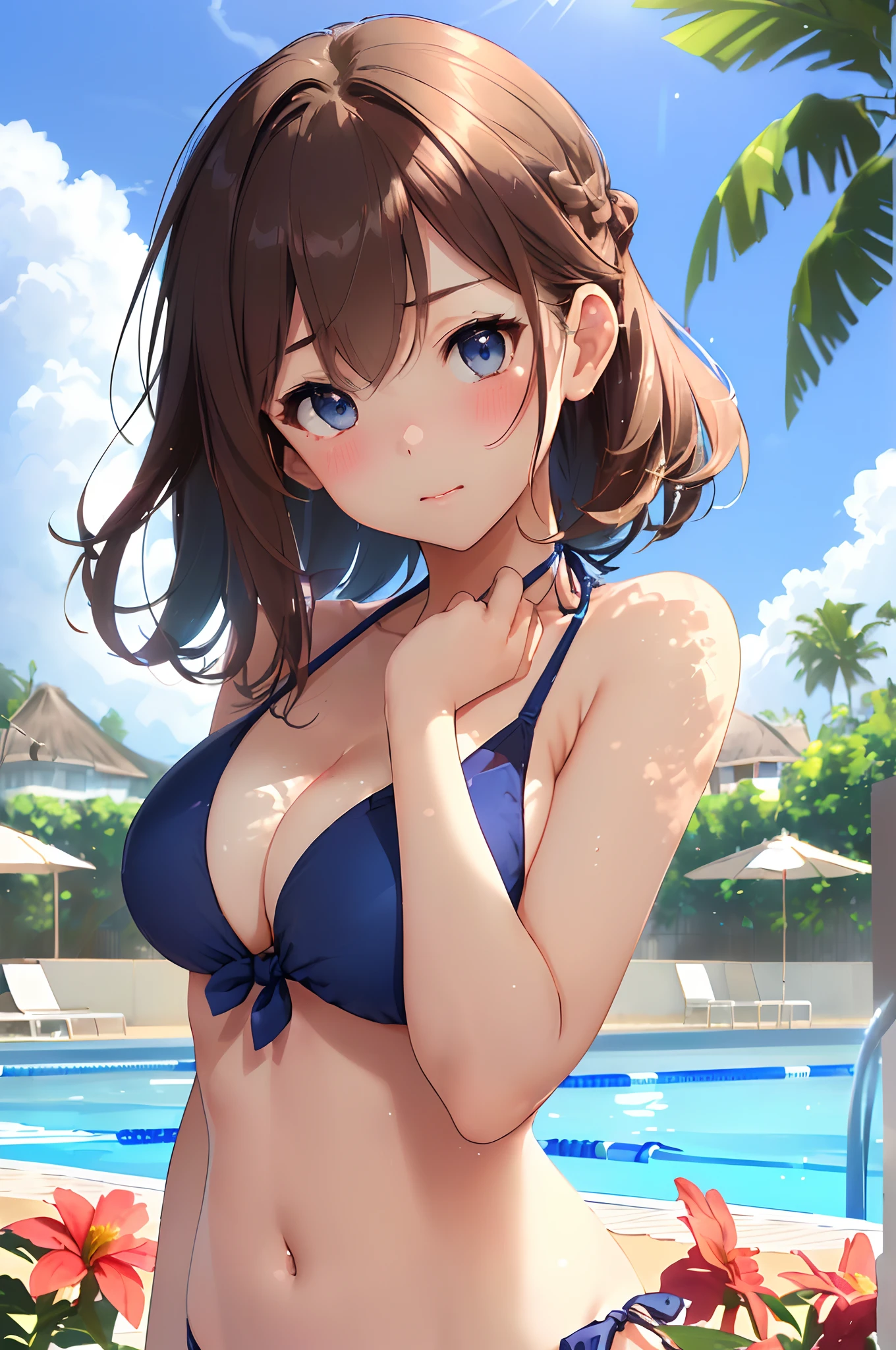 top-quality、​masterpiece、(1 adult female:1.3)、(Soft bust:1.2)、Natural Big、Chest thrusting pose、A slender、(Kamimei)、(Light simple bikini swimsuit)、(thighs thighs thighs thighs:0.8)、Brown hair、(Hair is tied back)、(Hair fluttering in the wind)、Dark blue eyes、(Highlights in the eyes)、(Look at viewers:1.2)、de pele branca、red blush、(Blue summer sky:1.3)、1 contrail、(Avoid the background around the upper body:1.3)、(Blur the background to make people stand out:1.3)、(Beautiful background by the pool on the beach:1.3)、(Beautiful summer flowers)、diffuse sunlight