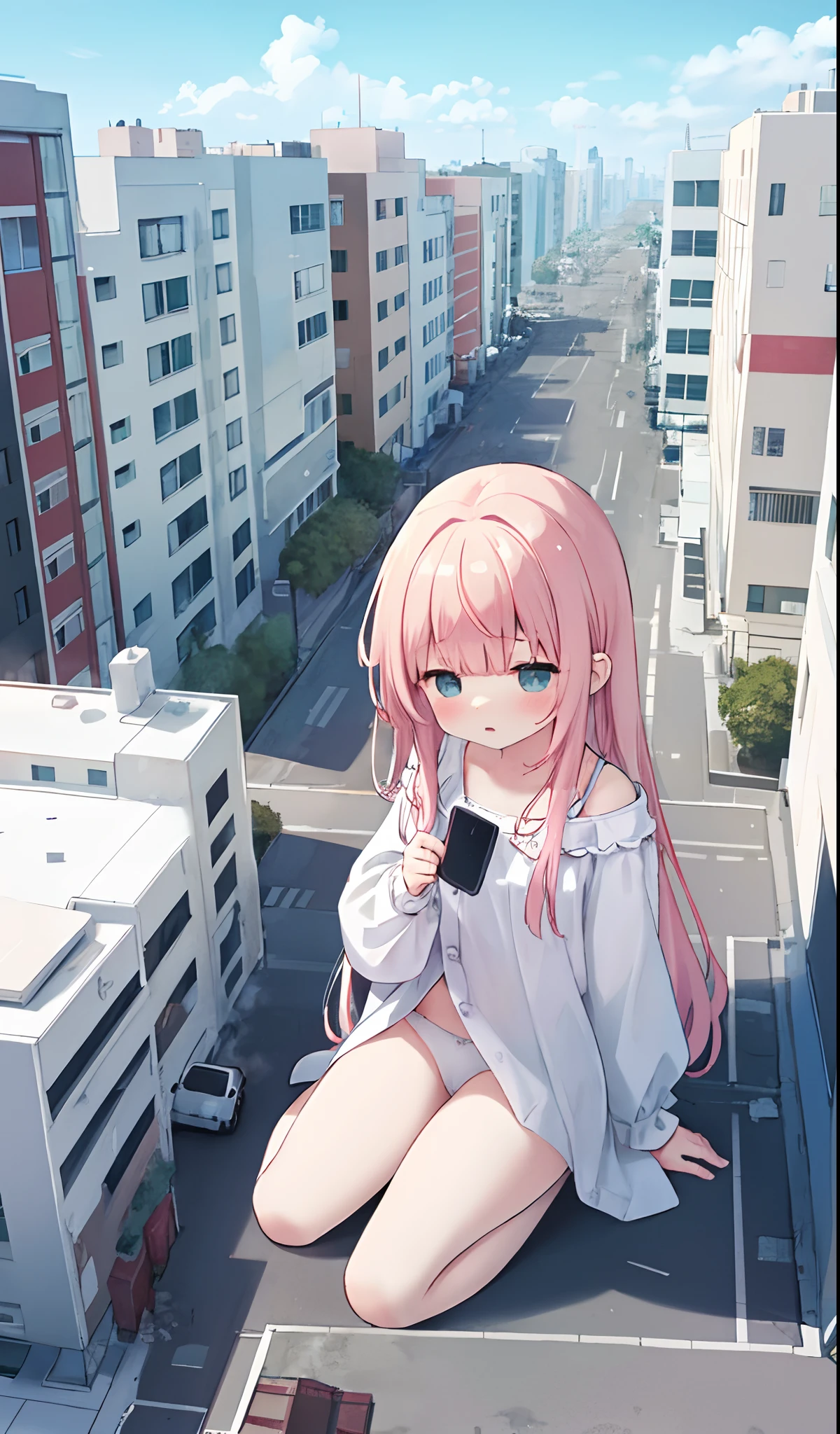 NSFW,Clouds, Masterpiece, Best quality, Highly detailed,Masterpiece,Best quality,offcial art,Extremely detailed Cg Unity 8K wallpaper,{{{Giantess}}},Giant,1girll,Sit on the groundd,Press the car against the panties,modern miniature city,Destroyed buildings,Destroyed pavement,A cold expression,Located in a modern miniature city ,white panties,Panties emit steam,