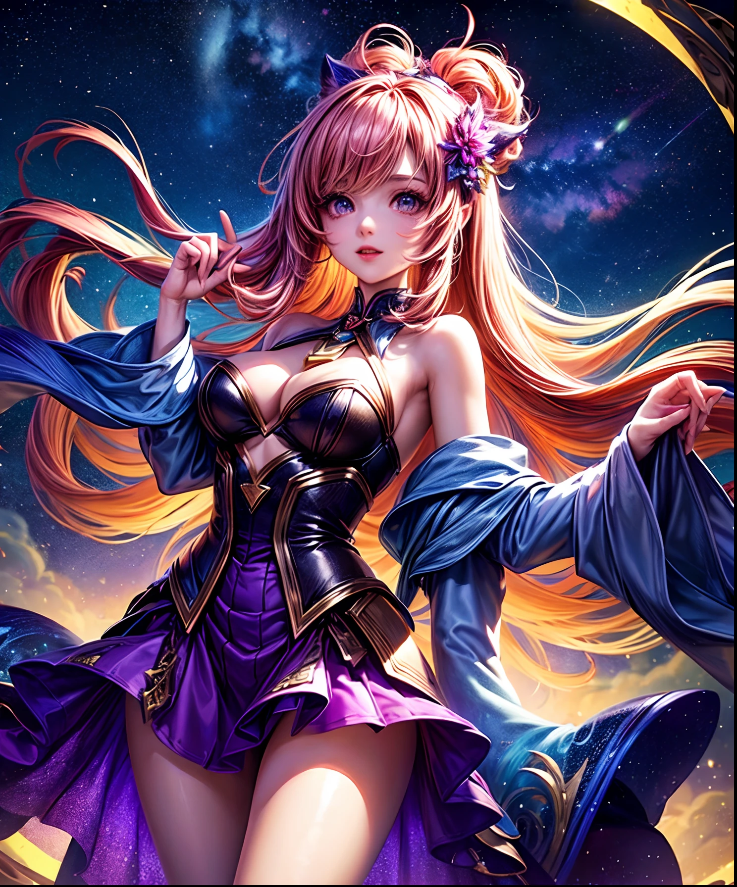 Cute girl characters、 Night view from a high place、Drawing a large number of skyscrapers, Looking up at the starry sky. Surround her with colorful nebulae and colorful metropolis.