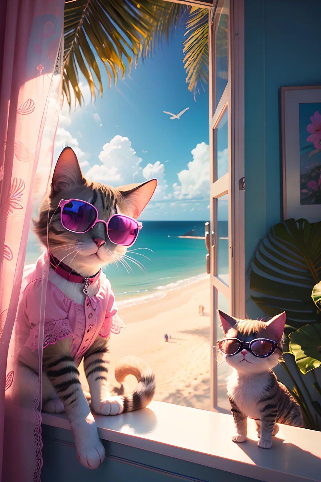 A puppet cat wearing sunglasses,Dressed in pink embroidered lace outfit,You can see the view on the windowsill, In mysterious tropical style, groovy, photo-realistic techniques, Animated GIFs, Beach portrait, Photo Bash, pink and blue