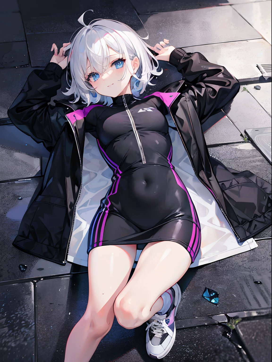 1 female body,on back, (on back), ,Fit your body, white short messy hair, Sky blue eyes, black coat with purple pattern,Short black dress,ssmile,athletic sneakers ,rained,Wet ground,Rain on the body,sharp-focus,A high resolution, ultrasharp, 8K, Masterpiece, (),,