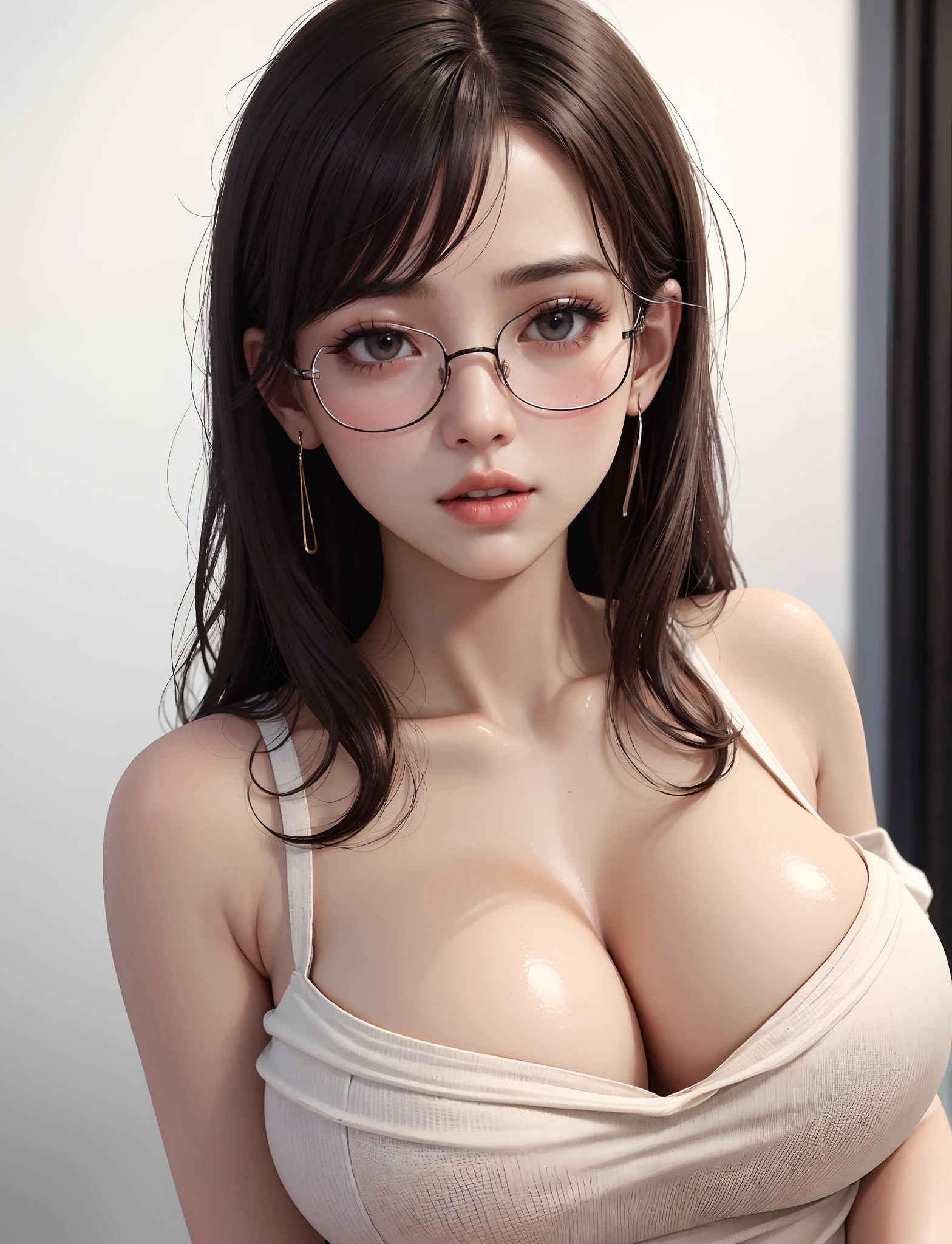 (masuter piece、Best Quality、top-quality、Top image quality、masutepiece、Look firmly at the camera、Intense highlights in your eyes、Lashes、Slightly bigger eyes、Stick your ears out firmly、beautiful decollete、long neck)、One Beautiful Girl,circle-glasses,One Piece Star Neck White Sleeveless Sweater, lips slightly open, Red face, Wet hair,Sweat all over the body, crisp breasts, Convex buttocks,{Gigantic|Big|Huge|Mega} breasts, cleavage、 Grab your chest with both hands,Detailed background, Clothing Details, Perfectly proportioned, Multiple perspectives,film grains, Fuji colors, lightand shade contrast, tmasterpiece, high detal, high quarity, hight resolution, Cinematic lighting, Textured skin, Super Detail、Beautiful adult woman full of charm