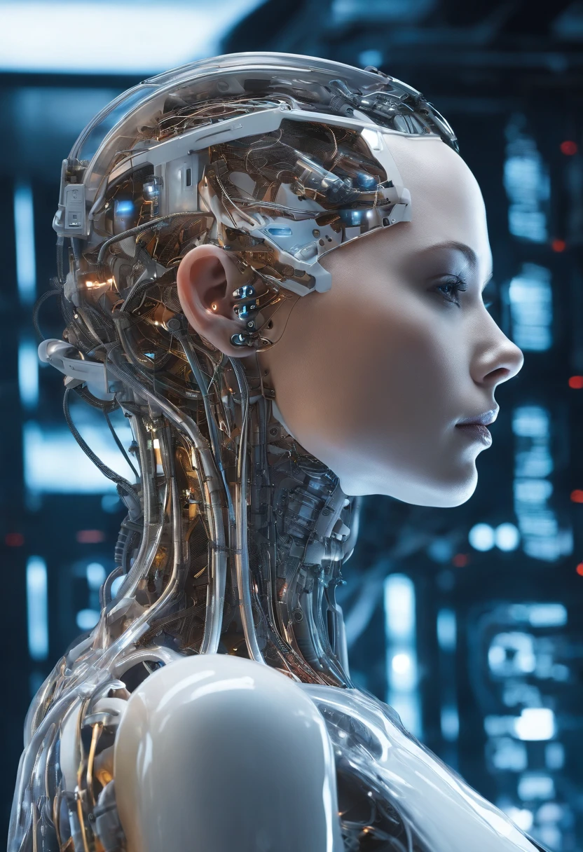 Young Charlize Theron as a A Female Android being birthed from a milky Red liquid, top half of her body is visible, (((She is coming out of the liquid towards the camera))), (((See Through Body, Clear Glass body))), (((Electronic Systems inside body clear to see))), Detailed Brain in Sight, Detailed connection wire, mechanical limbs, tubes connected to the mechanical parts, mechanical vertebrae attached to the spine, mechanical cervical attachment to the neck, wires and cables connecting to the head, (((In a Pool of White Liquid)), Cybernetics, Cyberpunk, Canon M50, 100mm, Sharp Focus, Hyperrealism, Very detailed, Intricate Details, Full Body View, small glowing LED lamps, global lighting, deep shadows, Octane Rendering, 8K, Ultra Sharp, Metal, Intricate Ornament Details, baroque details, Very intricate details, realistic light, facing the camera, neon details, Complex Body Poses, (android manufactory in background)