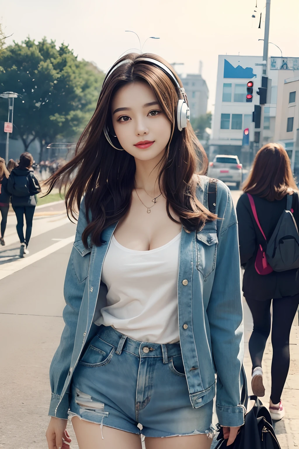 ((Best quality, 8K, Masterpiece :1.3)), Photorealsitic,1girll, with a good figure, Long legs,The upper part of the body, (long whitr hair, mediuml breasts:1.2), Clothes random, Super detailed face, A detailed eye, 二重まぶた,ssmile,(At the concert site:1.3),Random color clothes,Raised sexy,Listen to songs with headphones,cleavage,Face the lens,Fans,
