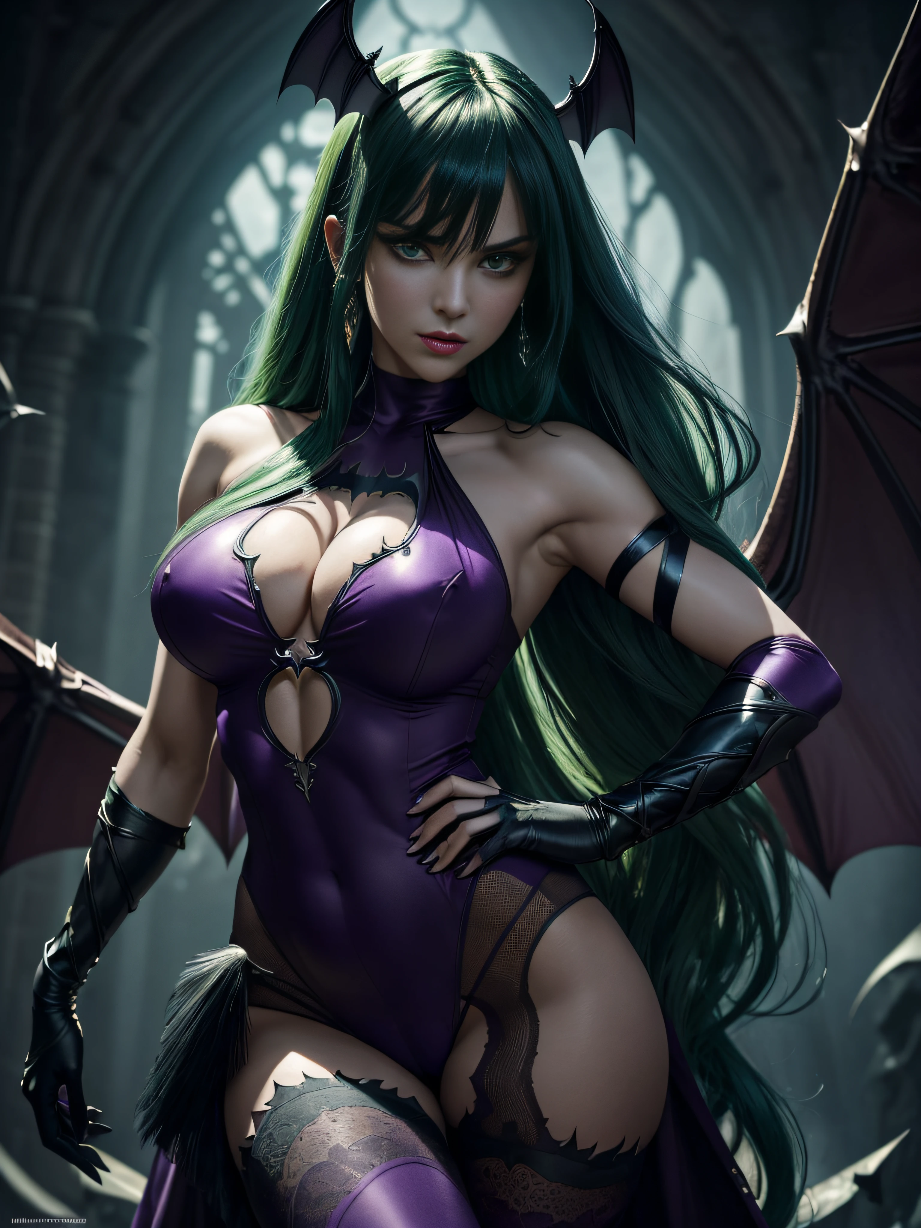 "(exquisitely detailed CG unity 8k wallpaper, masterpiece-quality with stunning realism), (best illumination, best shadow), (best quality), (elegant and demonic style:1.2), Arti modern anime. angled view, heroic pose, closeup full body portrait of stunningly beautiful Morrigan Aensland from Darkstalkers, she has ((long straight green fringe hair:1.2)), dynamic pose, ((black short bodysuit)) ((purple tights)), stunning body, (in a dark haunted castle:1), coy flirty sexy expression, slim body, highly ornamented and detailed, depth of field blur effect, night, full zoom, action portrait, photorealistic. cinematic lighting, highly detailed. best quality, 4k, Better hand, perfect anatomy, leaning forward, foreshortening effects, coy flirty sexy expression, foreshortening effect, (fighting heroic attack pose:1.5), (piercing eyes:0.8), surrounded by an ominous and dark atmosphere, accentuated by dramatic and striking lighting, imbued with a sense of surreal fantasy". ((has large purple bat wings on her back:1.2))