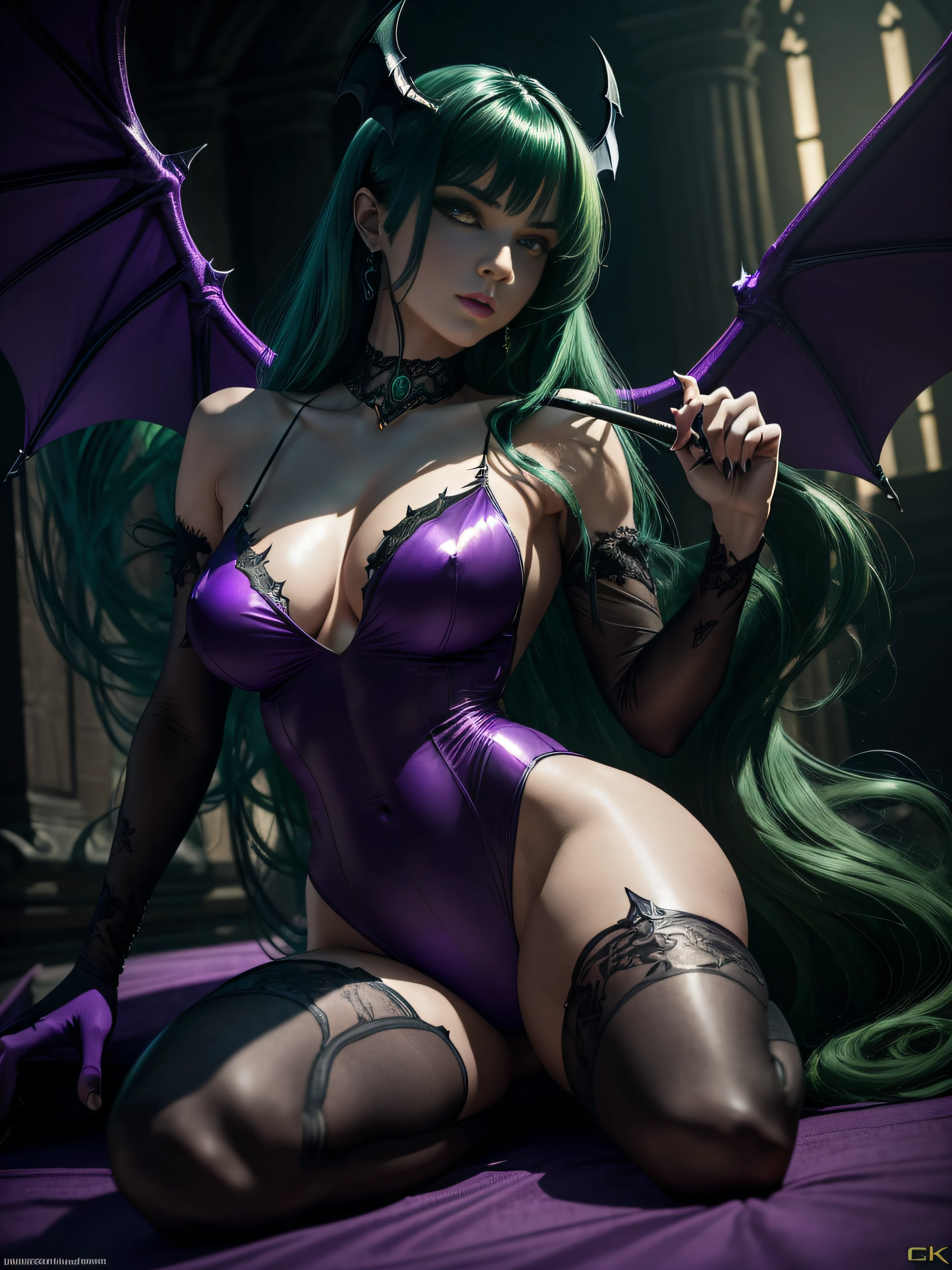 "(exquisitely detailed CG unity 8k wallpaper, masterpiece-quality with stunning realism), (best illumination, best shadow), (best quality), (elegant and demonic style:1.2), Arti modern anime. angled view, heroic pose, closeup full body portrait of stunningly beautiful Morrigan Aensland from Darkstalkers, she has ((long straight green fringe hair:1.2)), dynamic pose, ((black short bodysuit)) ((purple tights)), stunning body, (in a dark haunted castle:1), coy flirty sexy expression, slim body, highly ornamented and detailed, depth of field blur effect, night, full zoom, action portrait, photorealistic. cinematic lighting, highly detailed. best quality, 4k, Better hand, perfect anatomy, leaning forward, foreshortening effects, coy flirty sexy expression, foreshortening effect, (lying on back pose:1.5), (piercing eyes:0.8), surrounded by an ominous and dark atmosphere, accentuated by dramatic and striking lighting, imbued with a sense of surreal fantasy". ((has large purple bat wings on her back:1.2))