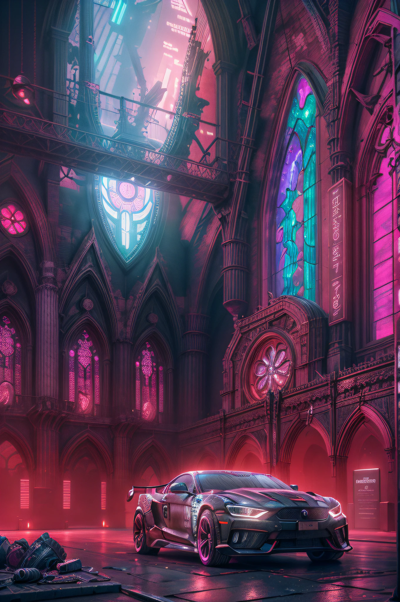 Best detailed, ultra detailed, cyberpunk art, a picture of a futuristic church in cyberpunk punk city, great cyberpunk art, bright neon lights, christian decorations in cyberpunk elementts, a sports car parked in the entrance of the church, the cross lit in pink light, stained glass art in neonic colors, cyberpunc futuristic city background, 16k, RAW, ultra wide shot, photorealism, depth of field, hyper realistic, 2.5d rendering,