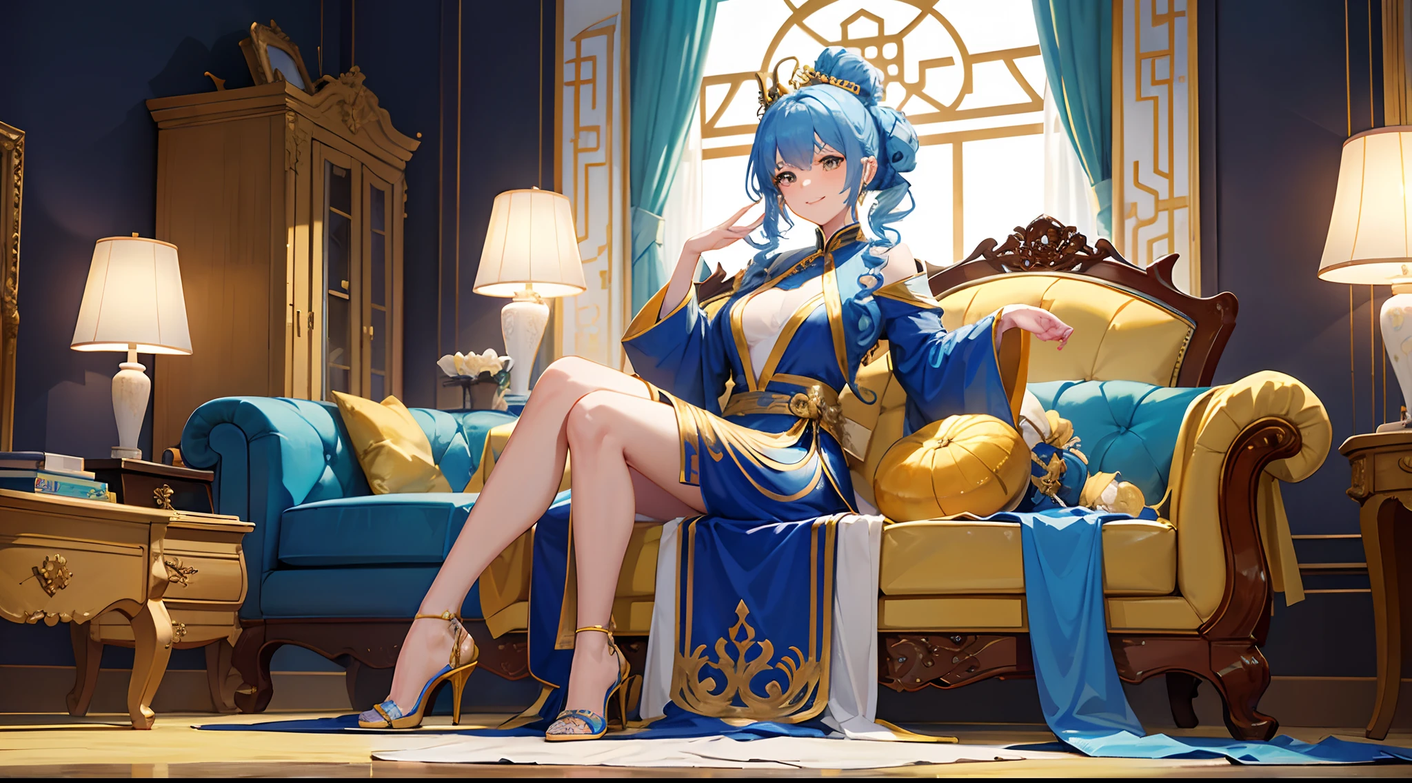 Blue ponytail curls，woman，Nine-headed body，My wife，Wearing a yellow robe，On the feet are transparent high heels，Sitting on the living room sofa，looks into camera，A thousand flavors，Smiling，perfect bodies，the golden ratio，Whole body diagram，The background is a palatial Chinese mansion