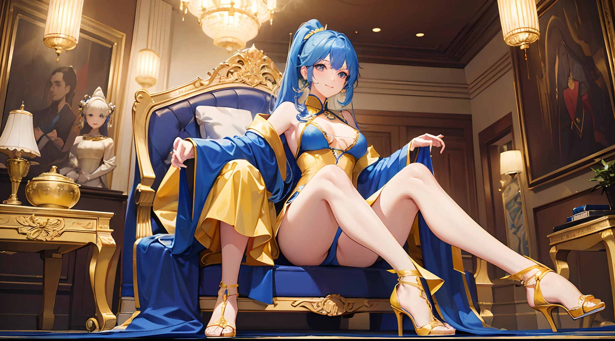 Blue ponytail curls,woman,Nine-headed body,My wife,Wearing a yellow robe,On the feet are transparent high heels,Sitting on the living room sofa,looks into camera,A thousand flavors,Smiling,perfect bodies,the golden ratio,Whole body diagram,The background is a palatial Chinese mansion
