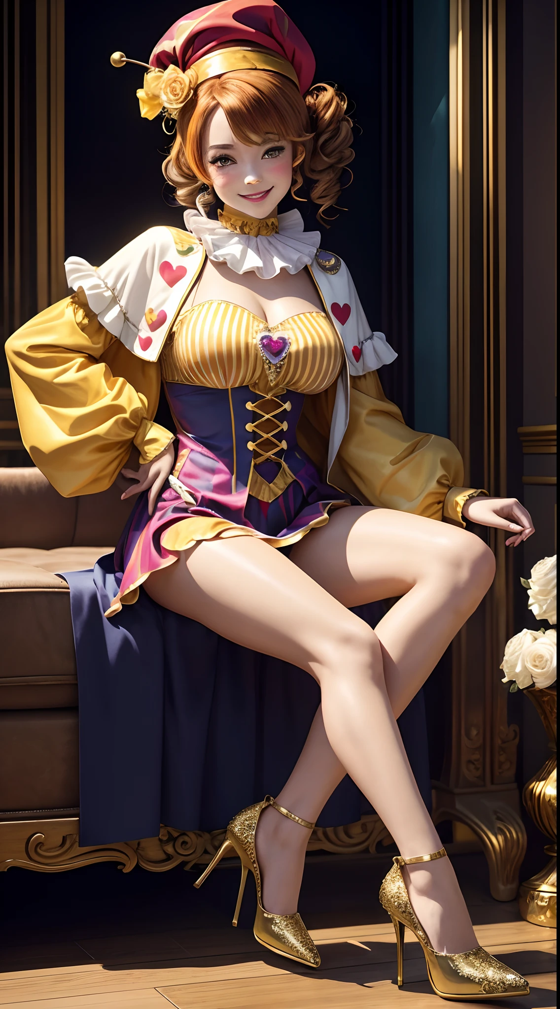 hdr,hyper HD,8K, Best quality, Masterpiece, Highly detailed, Golden hour lighting, Physically-based rendering, A clown girl,((full bodyesbian)),Solo. Colorful, Jester cap,fresh flowers, Clown costume, mitts, Heart-shaped painting on the face, dark gold hair,(cheerfulness), Smile,Cute,White face, Wavy hair, hair-bun,((high-heels))。