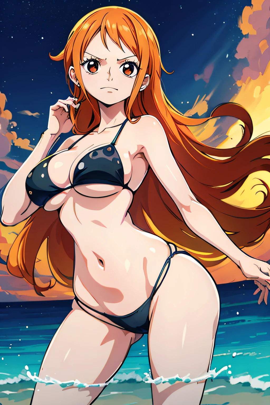 Generar una imagen realista de estilo anime de Nami de One Piece. Captura su apariencia distintiva con cabello naranja, and a cheerful expression. Make sure the image reflects your adventurous and confident personality as shown in the anime..., cuerpo completo, plano amplio , NSFW, Curvy athletic body, ojos naranjas, ojos naranjas, Noche, Bikini rojo, Casa, cama, ojos naranjas
