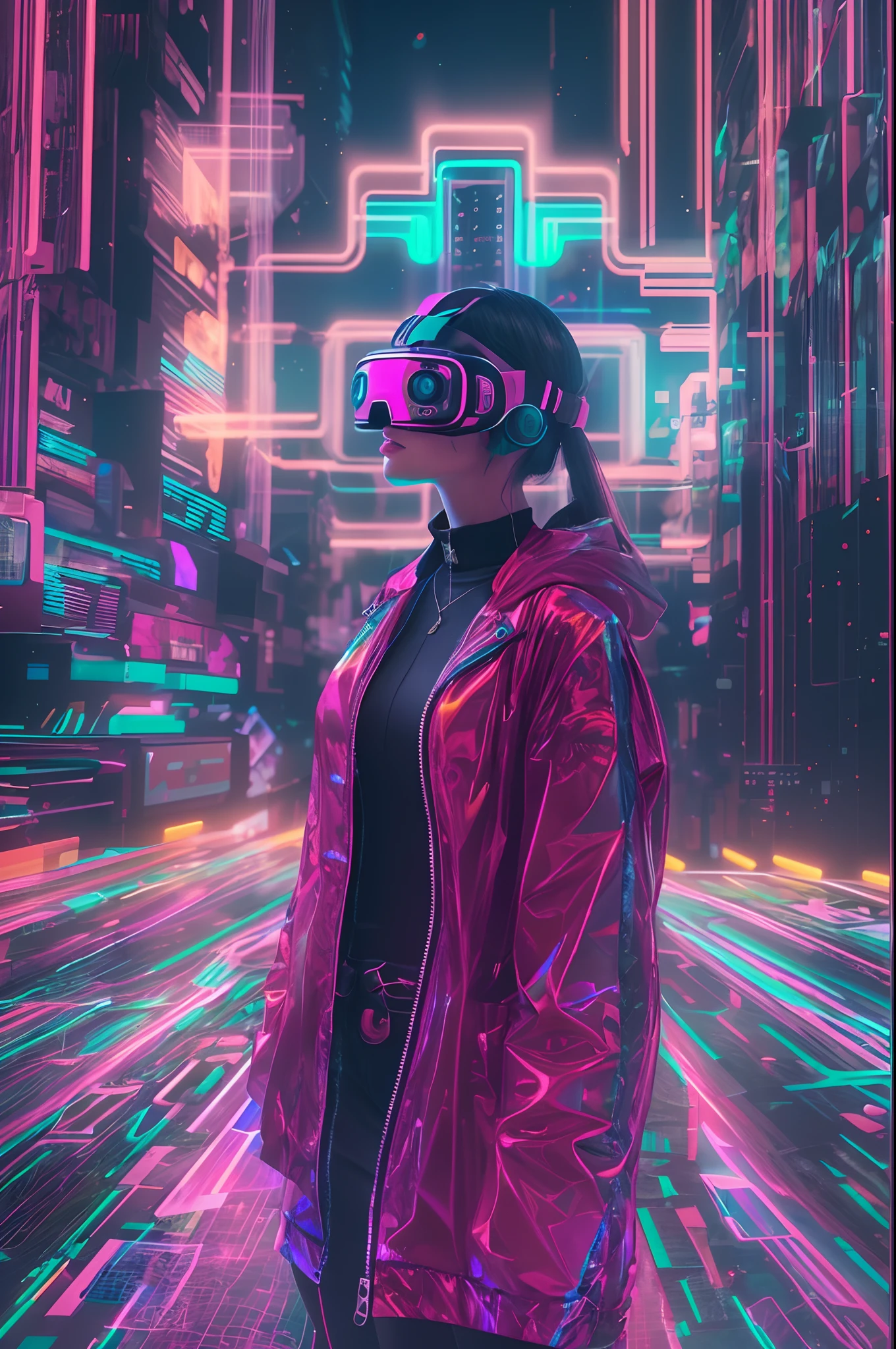 Digital girl, part hologram, (best quality,4k,8k,highres,masterpiece:1.2),ultra-detailed,(realistic,photorealistic,photo-realistic:1.37), vivid colors, bokeh, 3D rendering, interactive art, futuristic landscape, glowing circuit patterns, cyberpunk aesthetic, vibrant neon lights, pixelated effects, glowing particles, motion blur, glitch effects, high-tech fashion, holographic makeup, reflective surfaces, dynamic posing, sleek and modern design, immersive virtual reality environment.