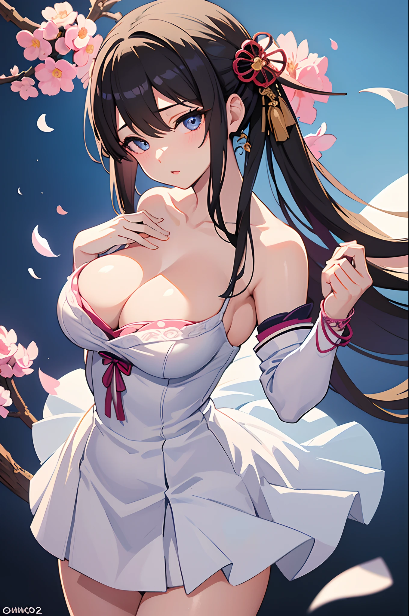 (Masterpiece:1.2, Best quality), cleavage，Large breasts，white  shirt，(fine detailed beautiful eyes: 1.2), 1girll, (komono:1.3), Large breasts, Bare shoulders, flowers and petals, Beautiful concept illustration, (White background:0.5), (illustration:1.1), (Extremely fine and beautiful:1.1), (Perfect details:1.1),  Cowboy shot,